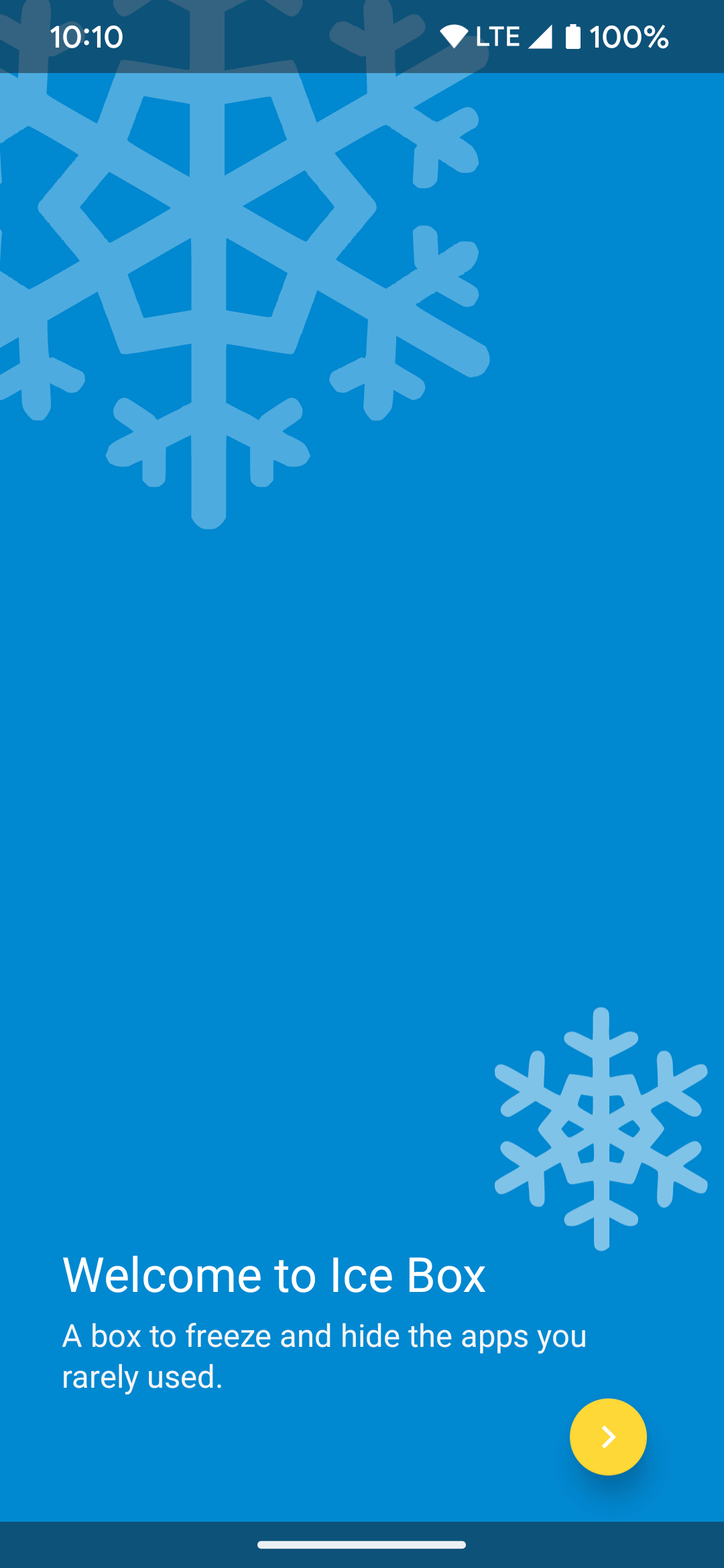 A tela principal de introdução do aplicativo Ice Box no Android