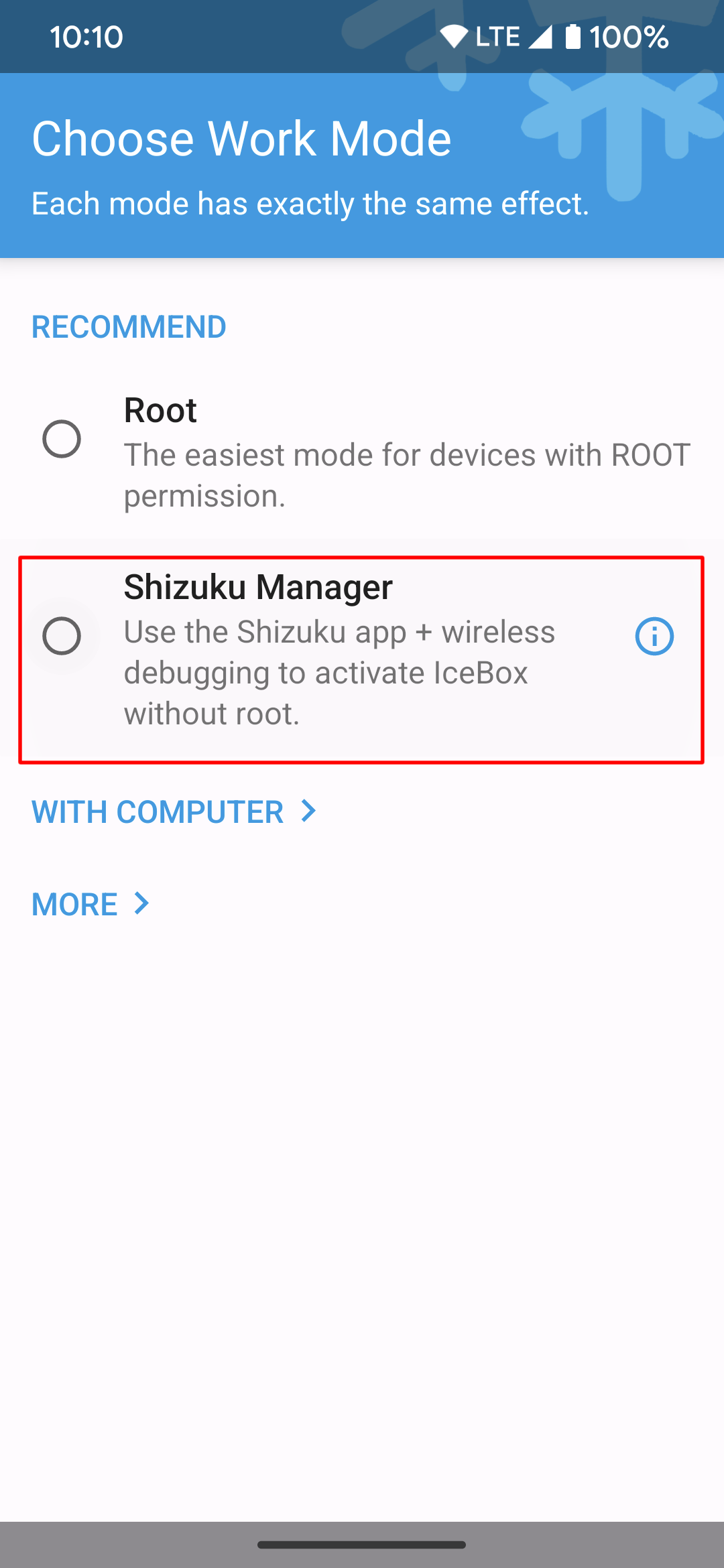 Selecionando a opção Shizuku Manager no aplicativo Ice Box no Android