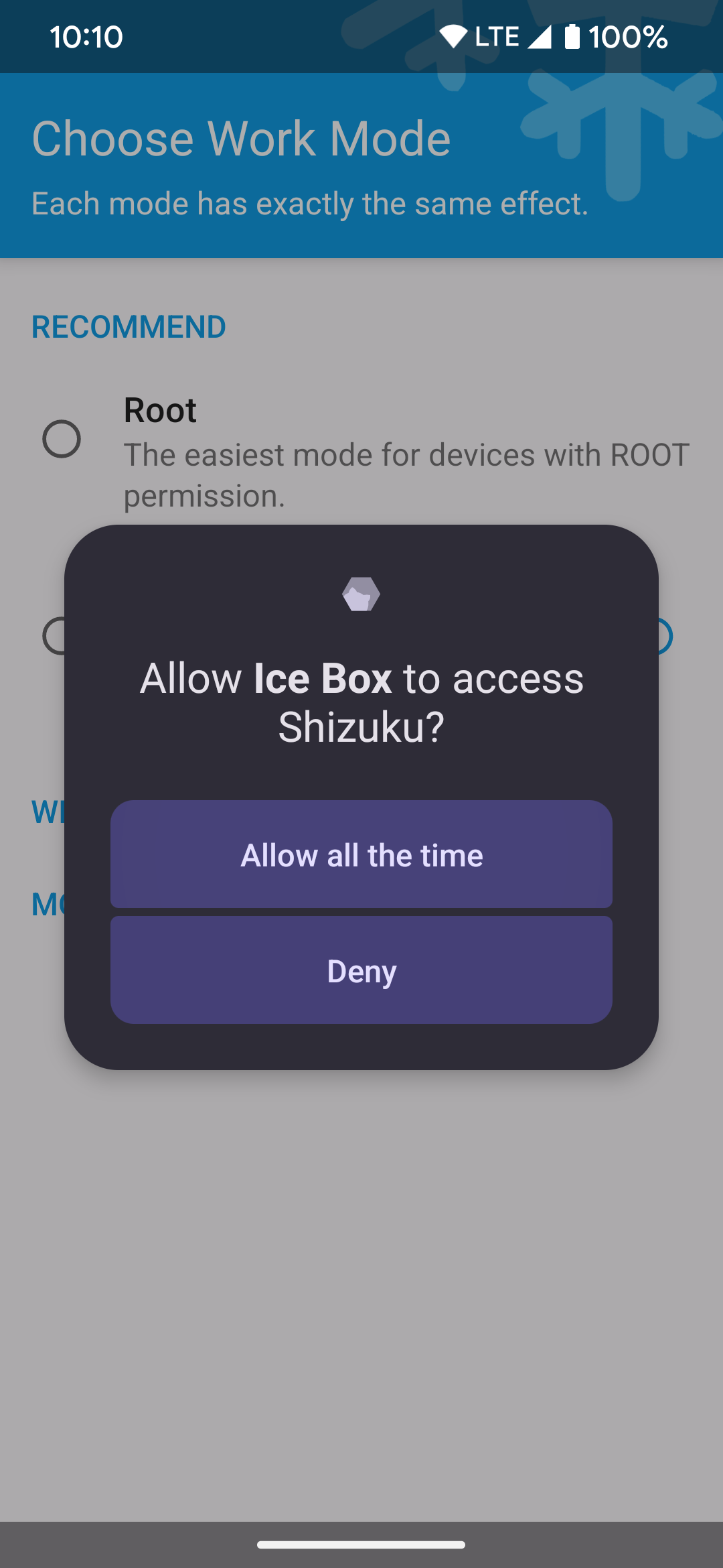 Concedendo a permissão necessária do aplicativo Ice Box para o serviço Shizuku