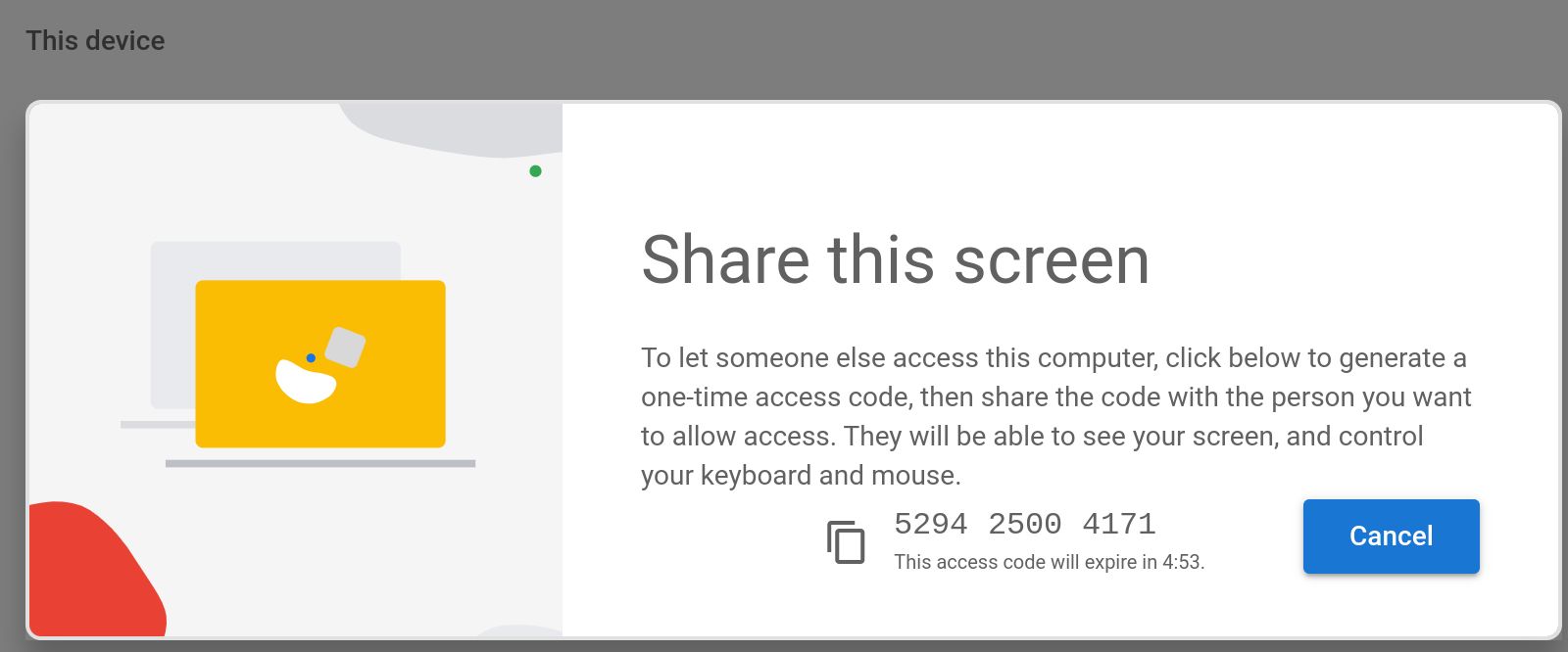 Código de compartilhamento da área de trabalho remota do Chrome