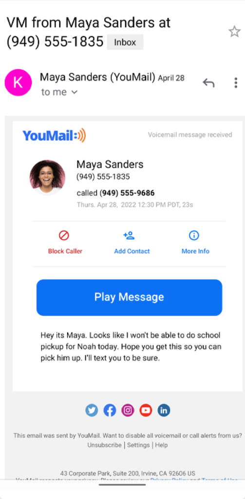 Notificação de correio de voz por e-mail do YouMail