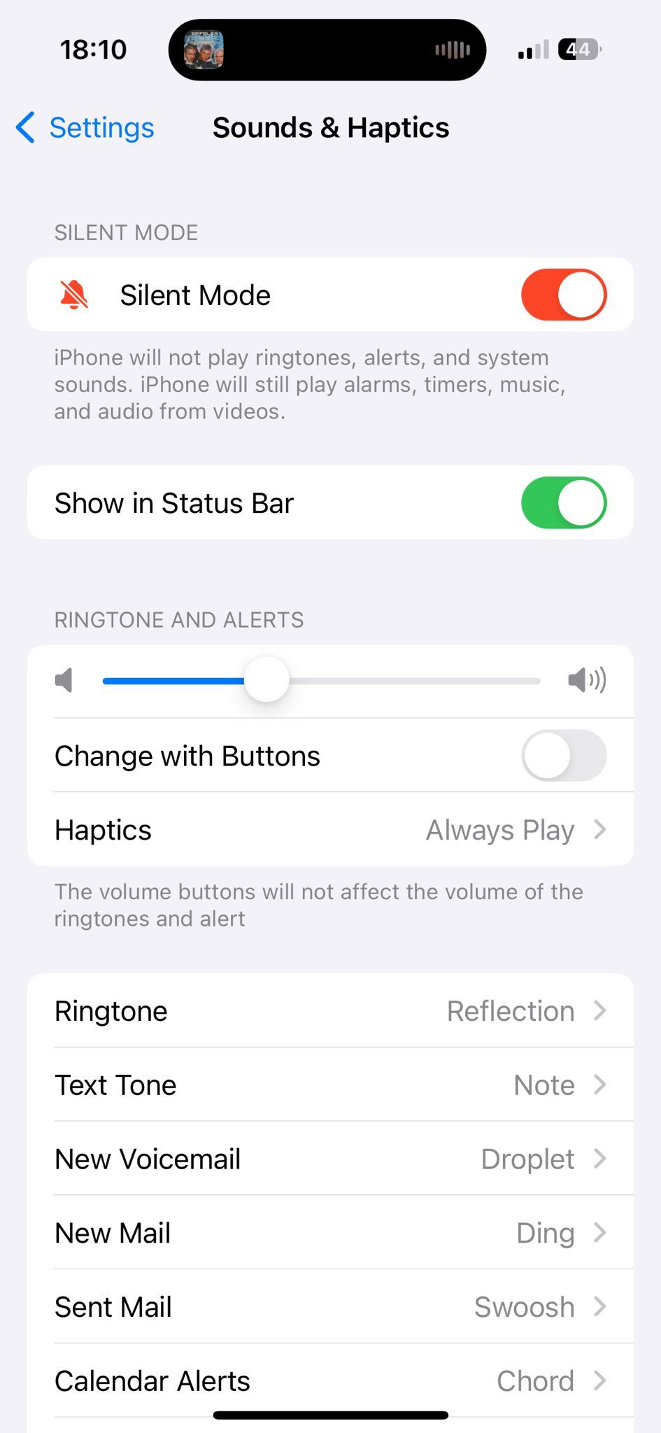 Captura de tela da tela de configurações de som e tátil do iPhone