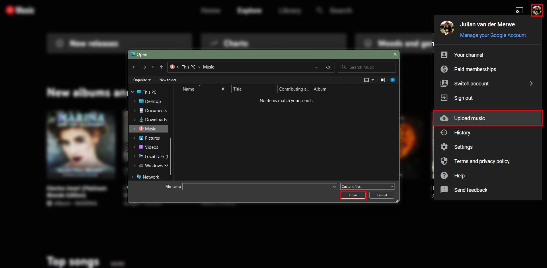 interface de desktop do youtube music com o explorador de arquivos aberto para fazer upload de músicas de sua área de trabalho