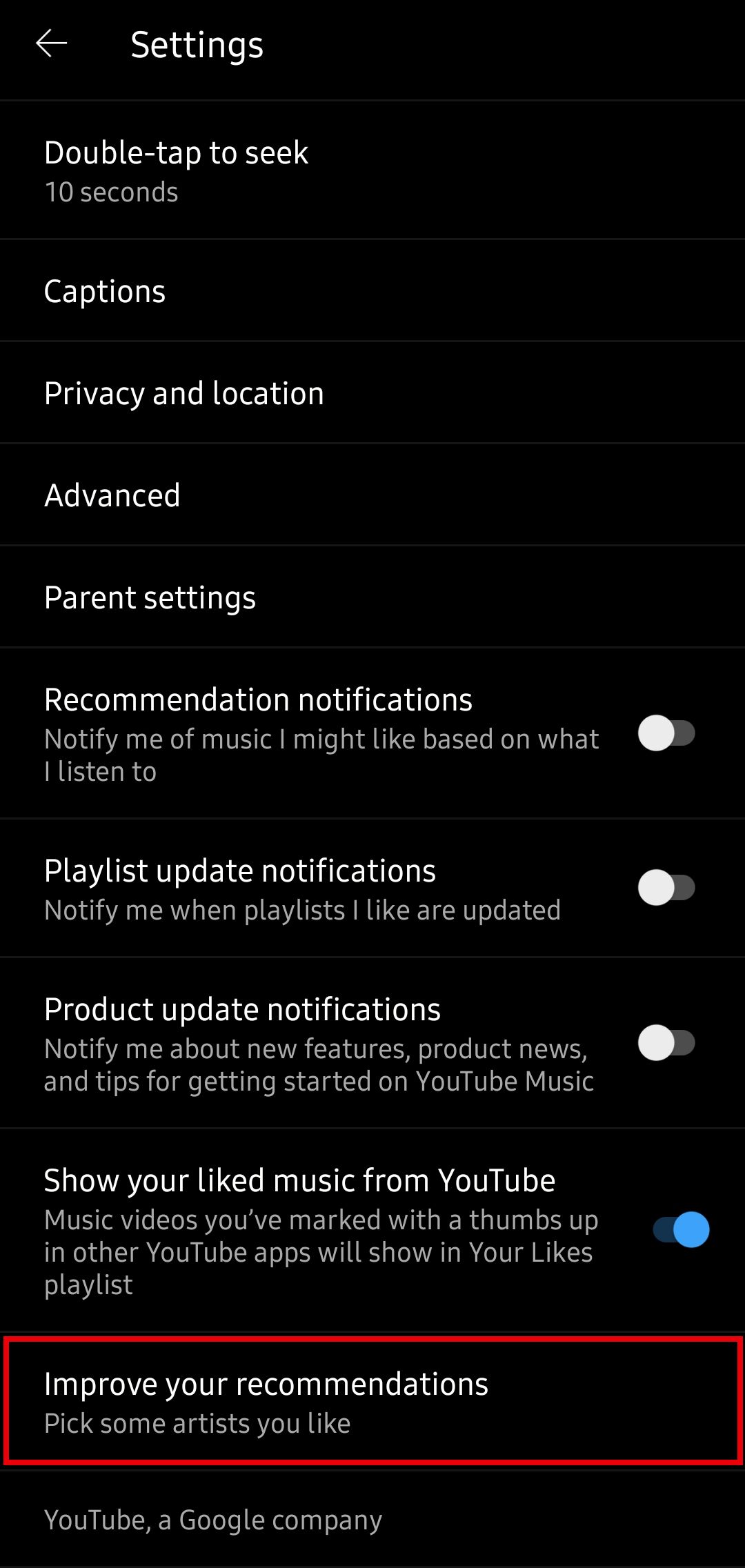página de configurações de música do youtube com a opção de melhorar suas recomendações em destaque