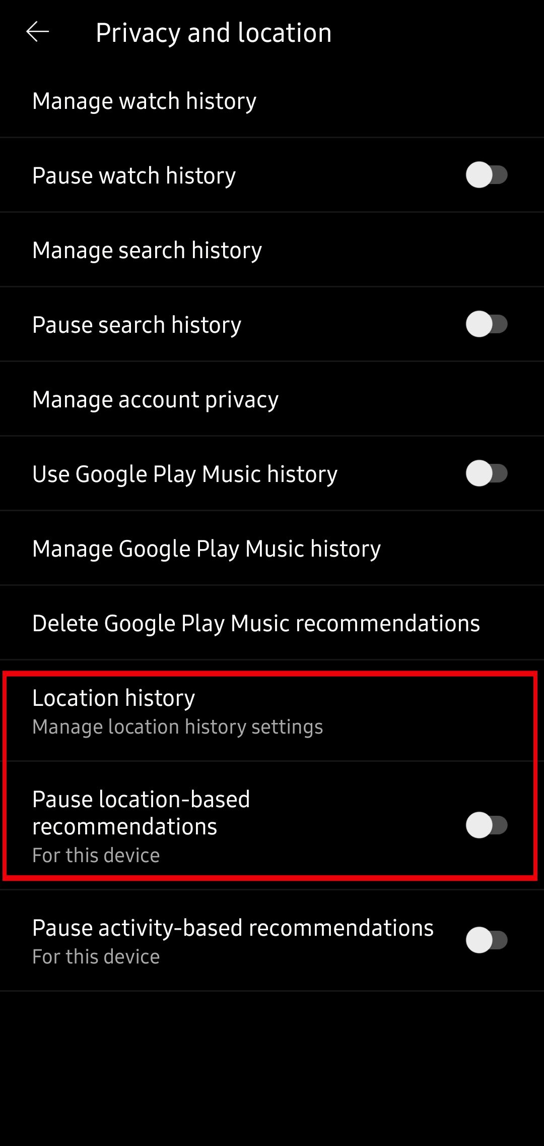 opções de localização e privacidade de música do youtube gerenciar e pausar recomendações baseadas em localização