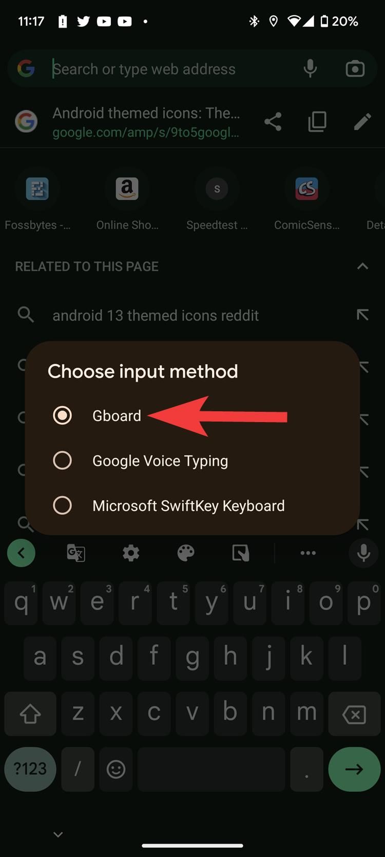 captura de tela dele selecionando outra opção de teclado no Android