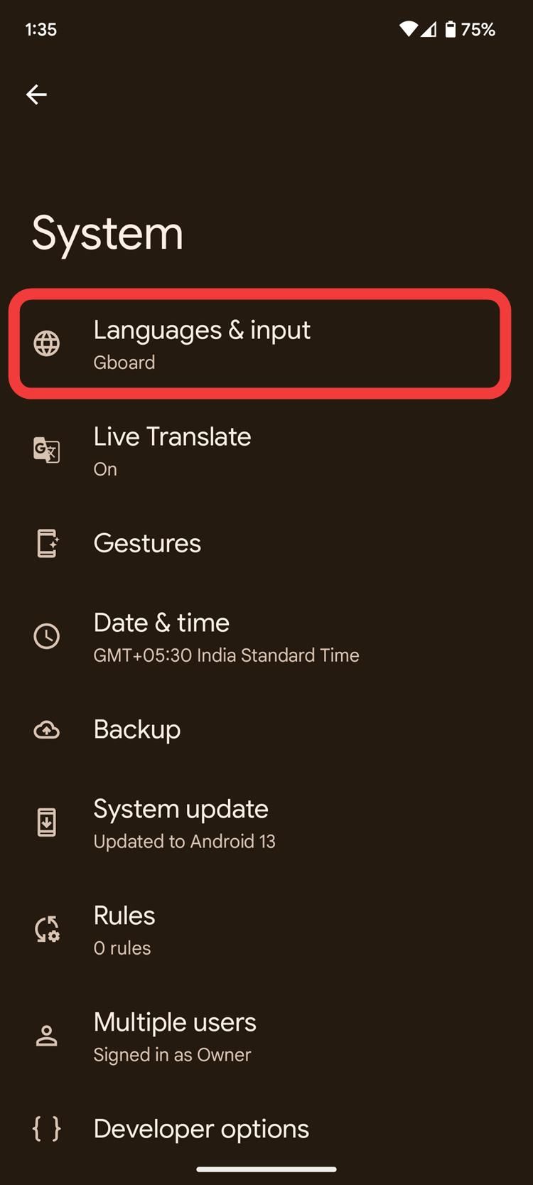 Captura de tela do idioma e opções de entrada nas configurações do sistema no Android