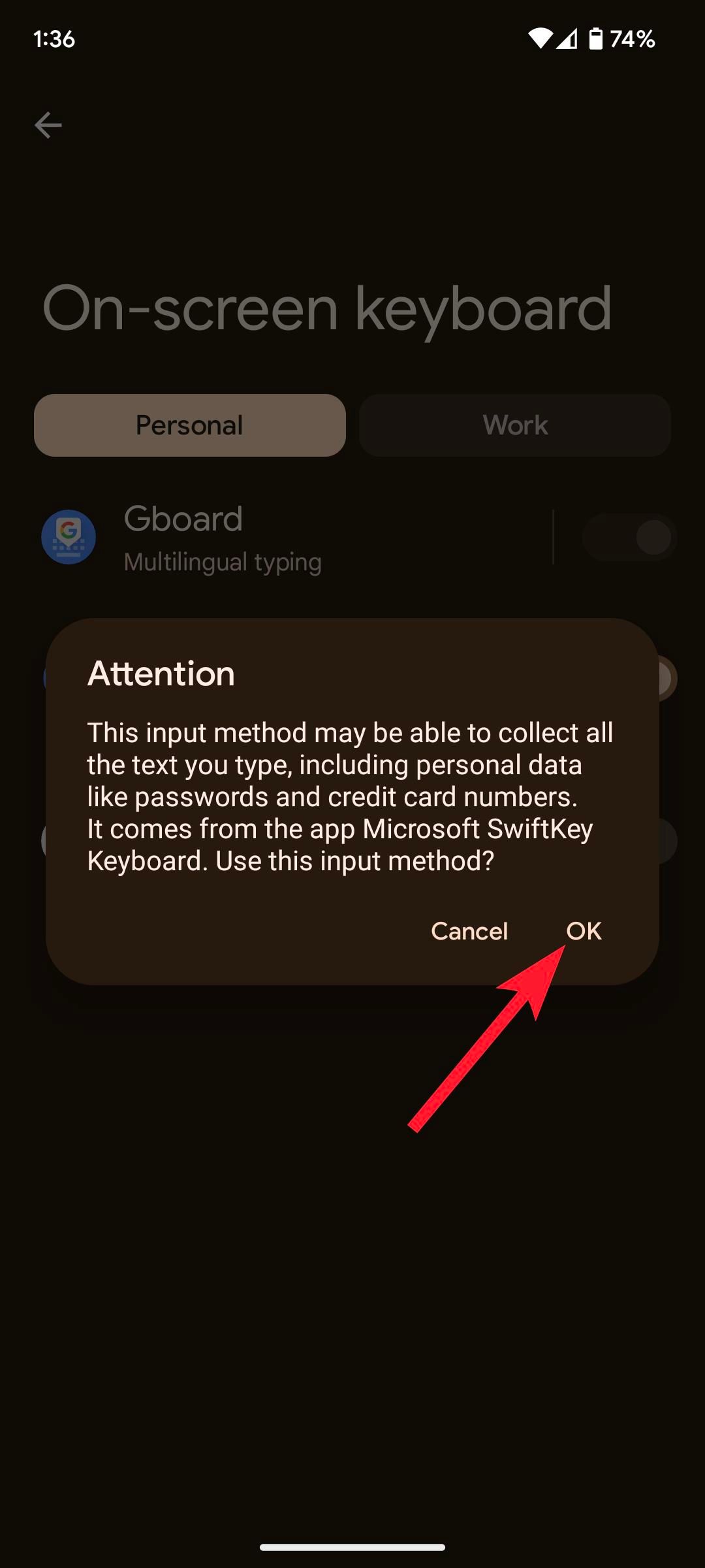 Captura de tela do aviso de confirmação nas configurações do teclado Android