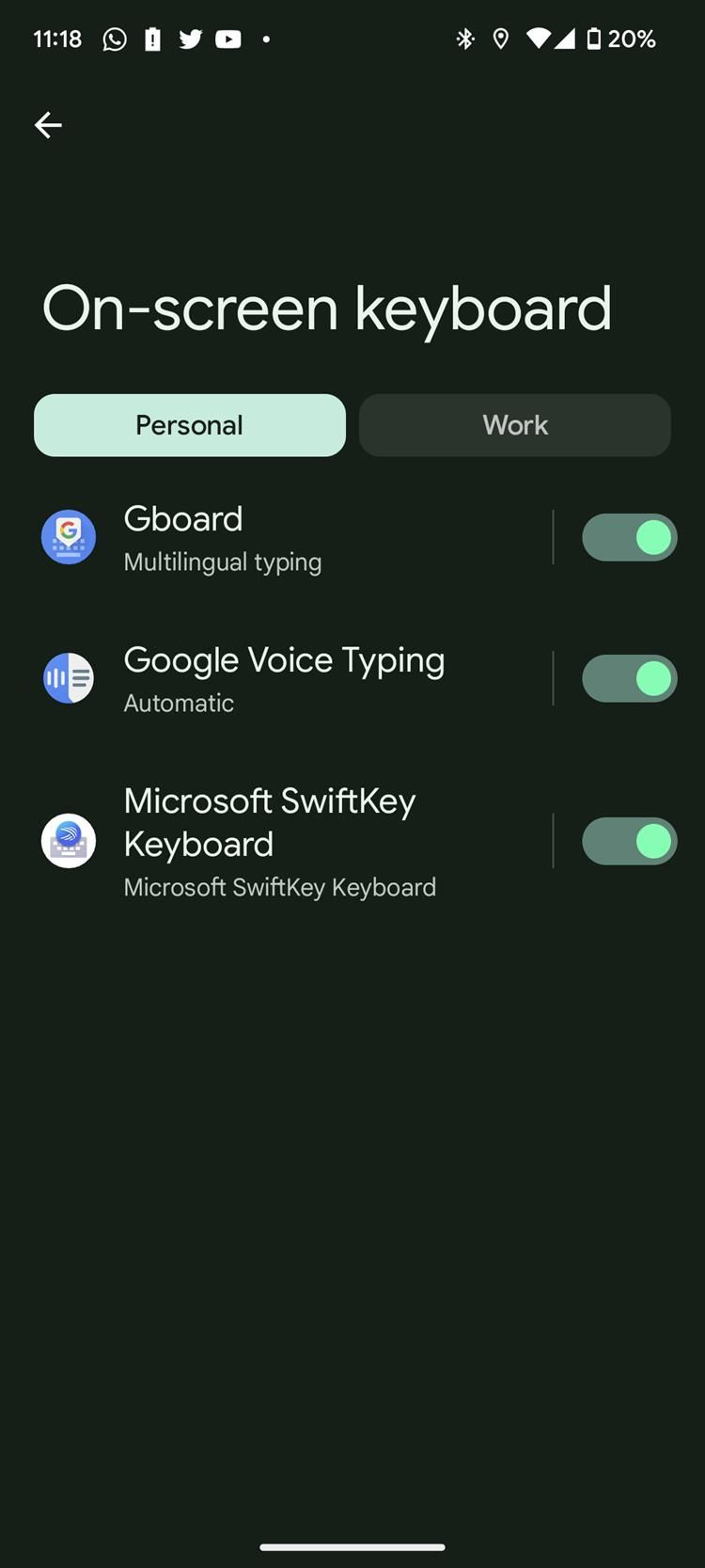 captura de tela da opção ativar teclado no Android