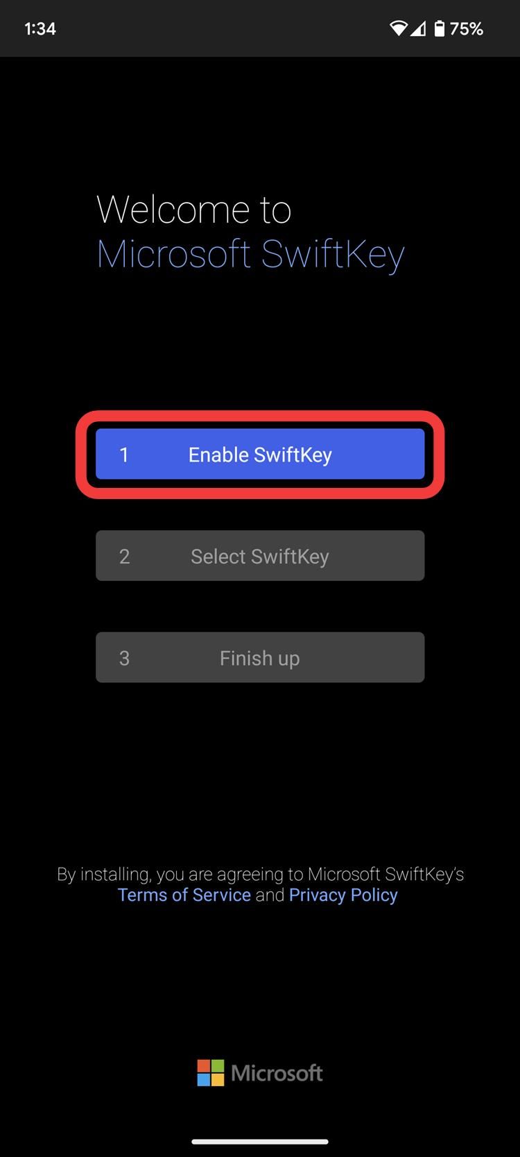 captura de tela do botão de ativação do teclado SwiftKey em um dispositivo Android