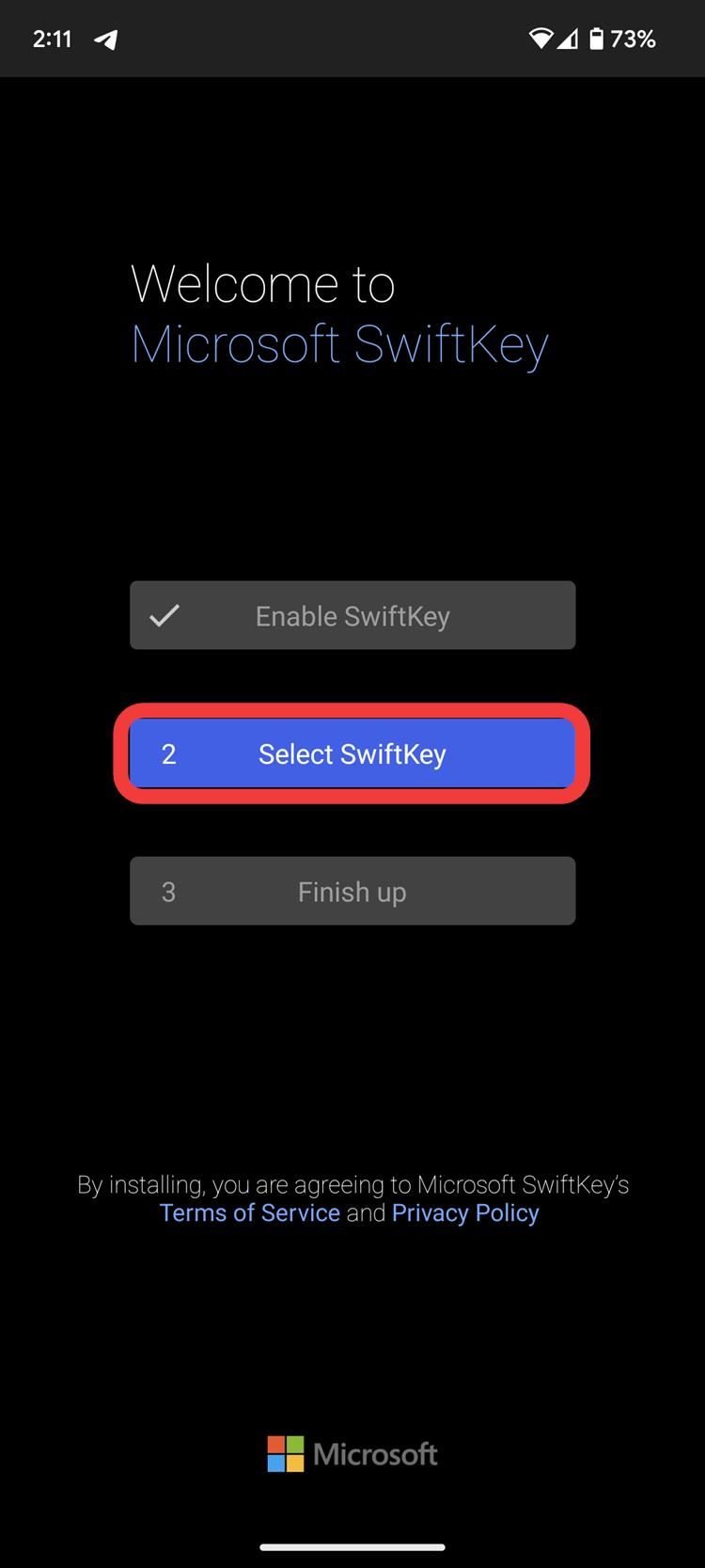 Captura de tela do botão de inicialização do Swiftkey no Android