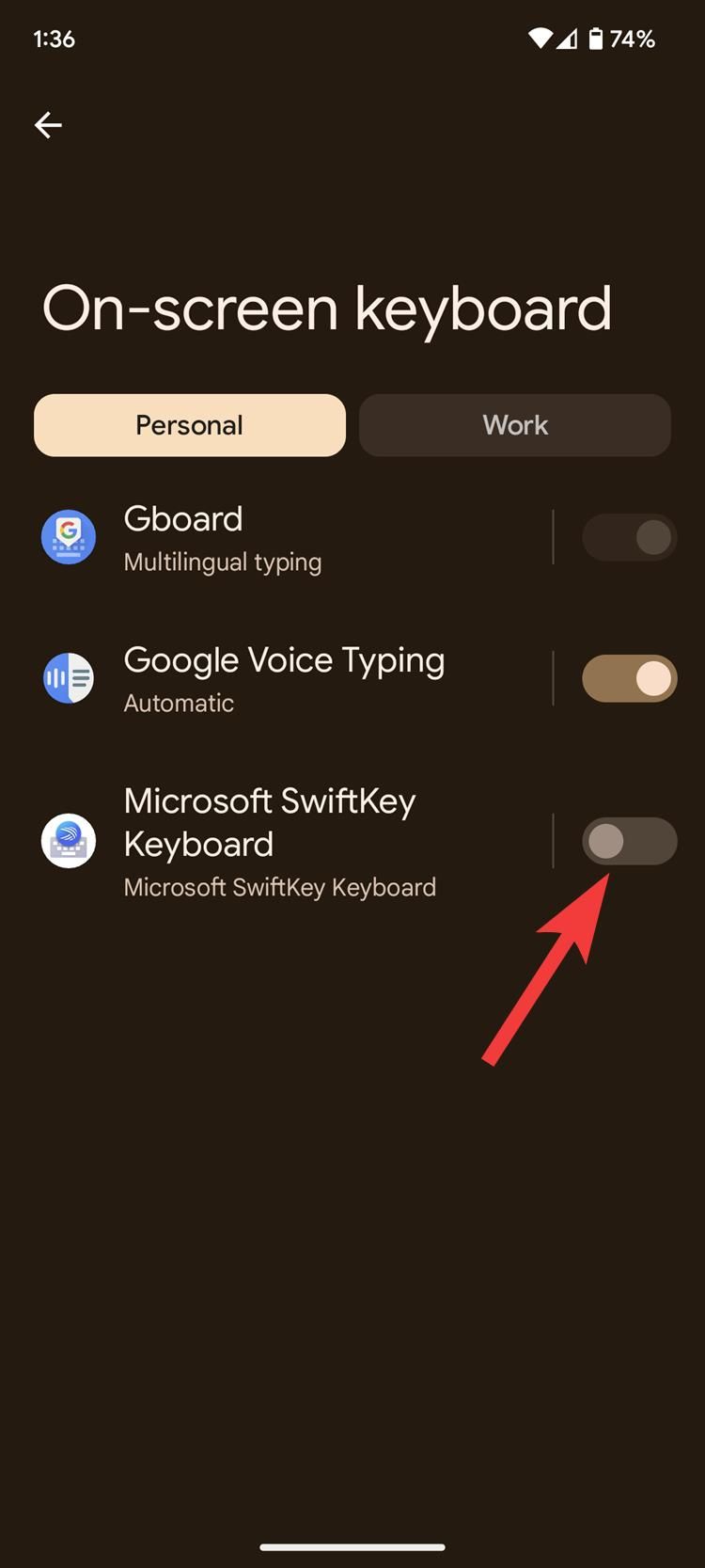 captura de tela mostrando o botão de alternância do teclado na tela para o aplicativo de teclado SwiftKey no Android 
