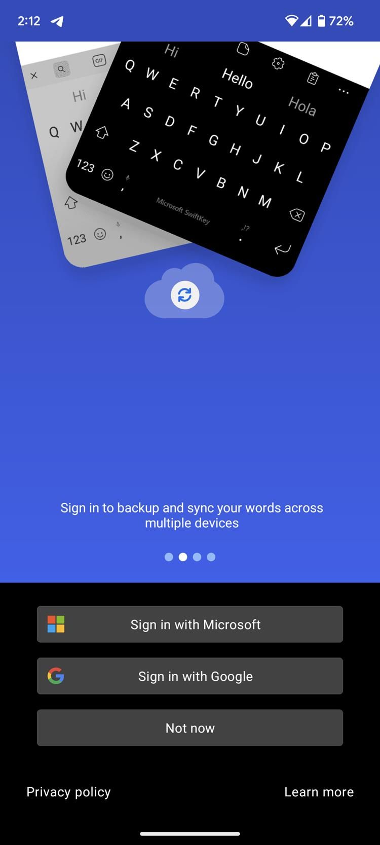Captura de tela da tela de login do Swiftkey no Android
