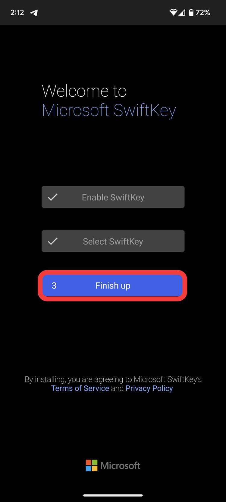 Captura de tela mostrando a conclusão da configuração do botão switfkey em um dispositivo Android