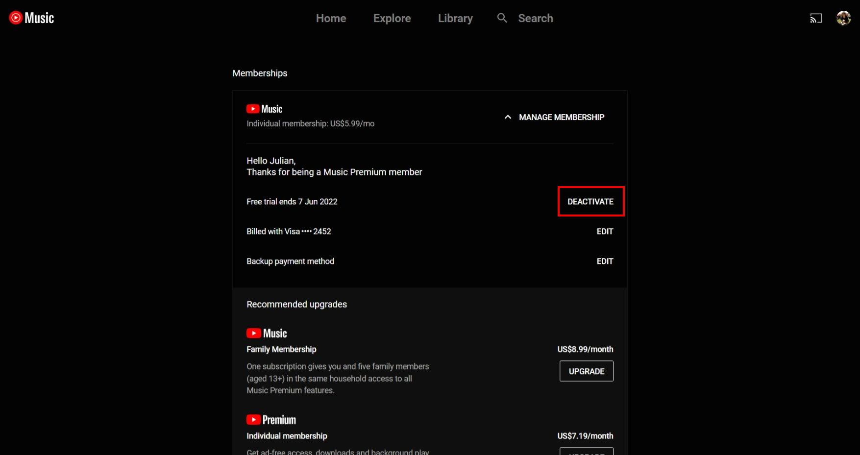   A página de assinatura do YouTube Music com o botão Desativar destacado com uma caixa vermelha