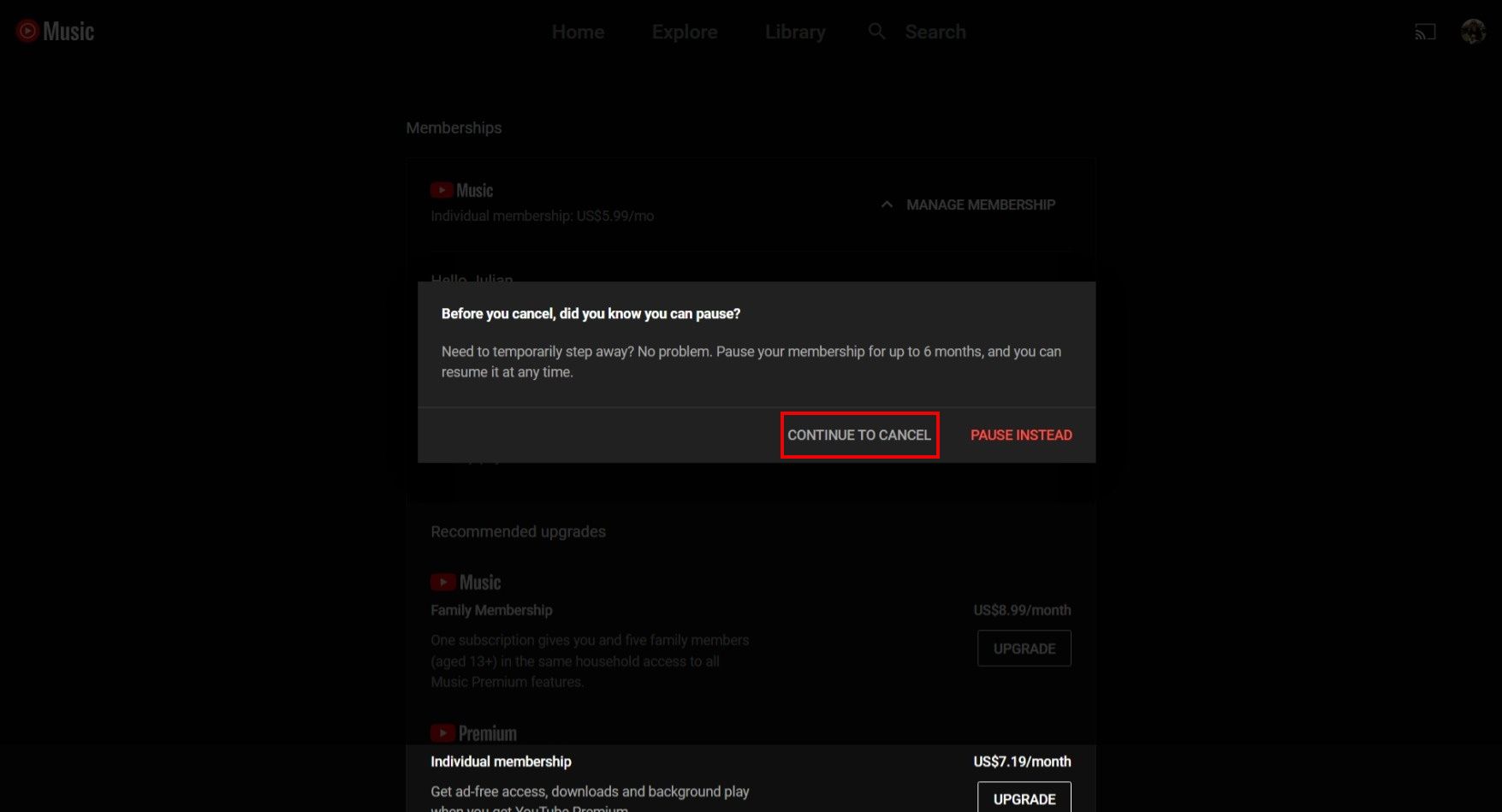 O cancelamento do YouTube Music aparece com o botão Continuar para cancelar destacado com uma caixa vermelha