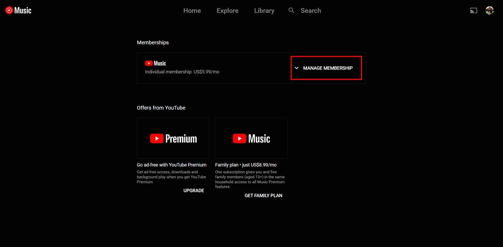 A página de assinaturas do YouTube Music com o botão Gerenciar assinatura destacado com uma caixa vermelha