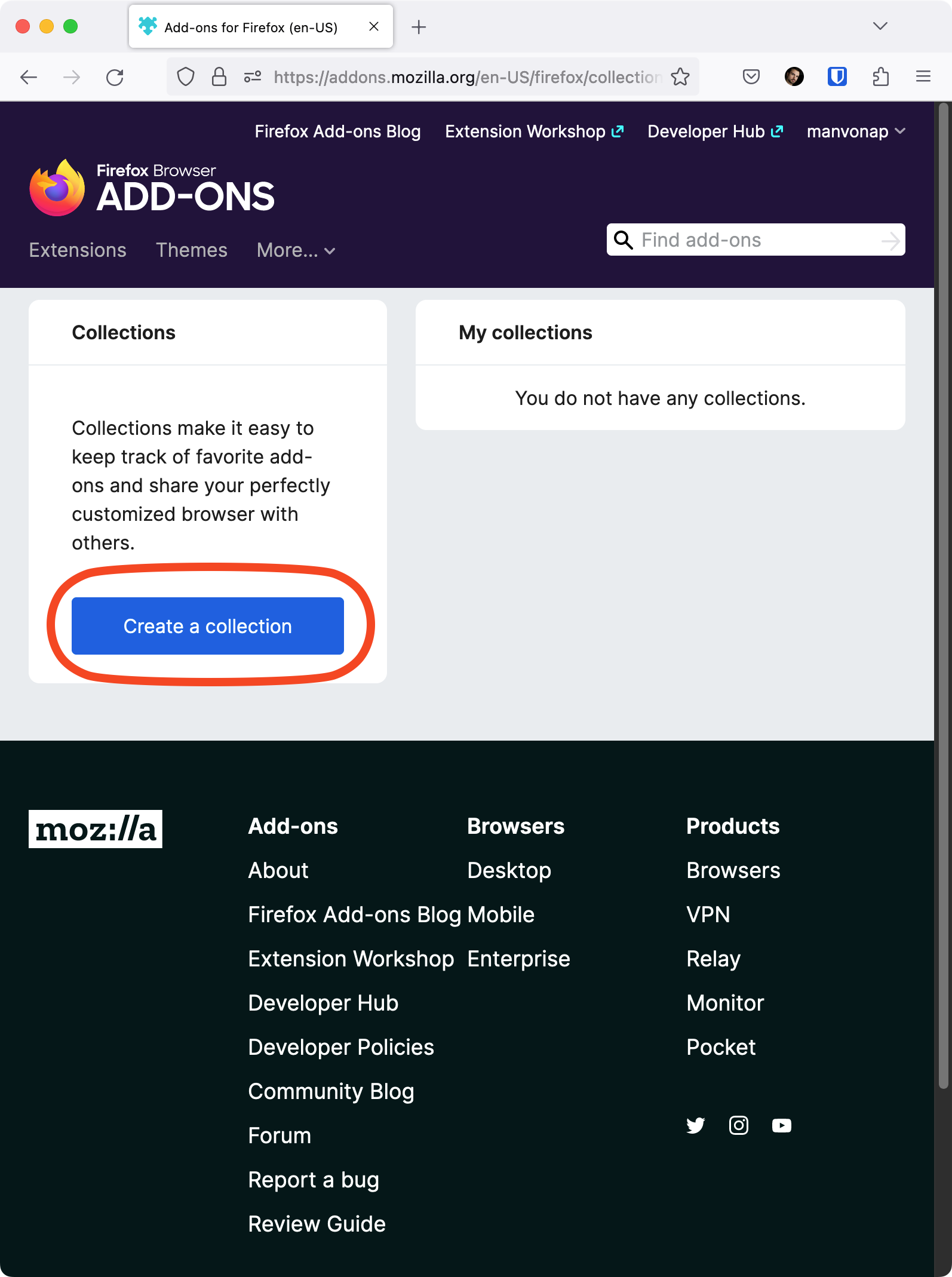 Captura de tela do site de coleções de complementos do Firefox com o botão Criar uma coleção destacado