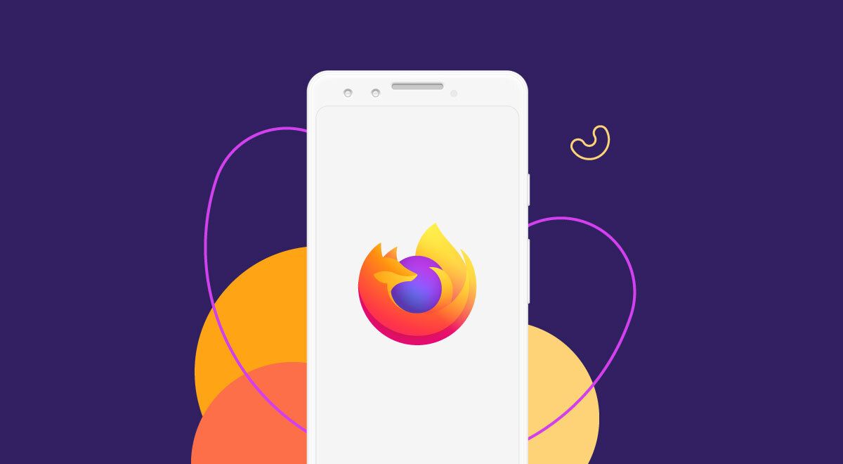 Imagem de um smartphone branco com o logotipo do Firefox na tela, colocado sobre um fundo roxo vibrante com linhas coloridas abstratas.
