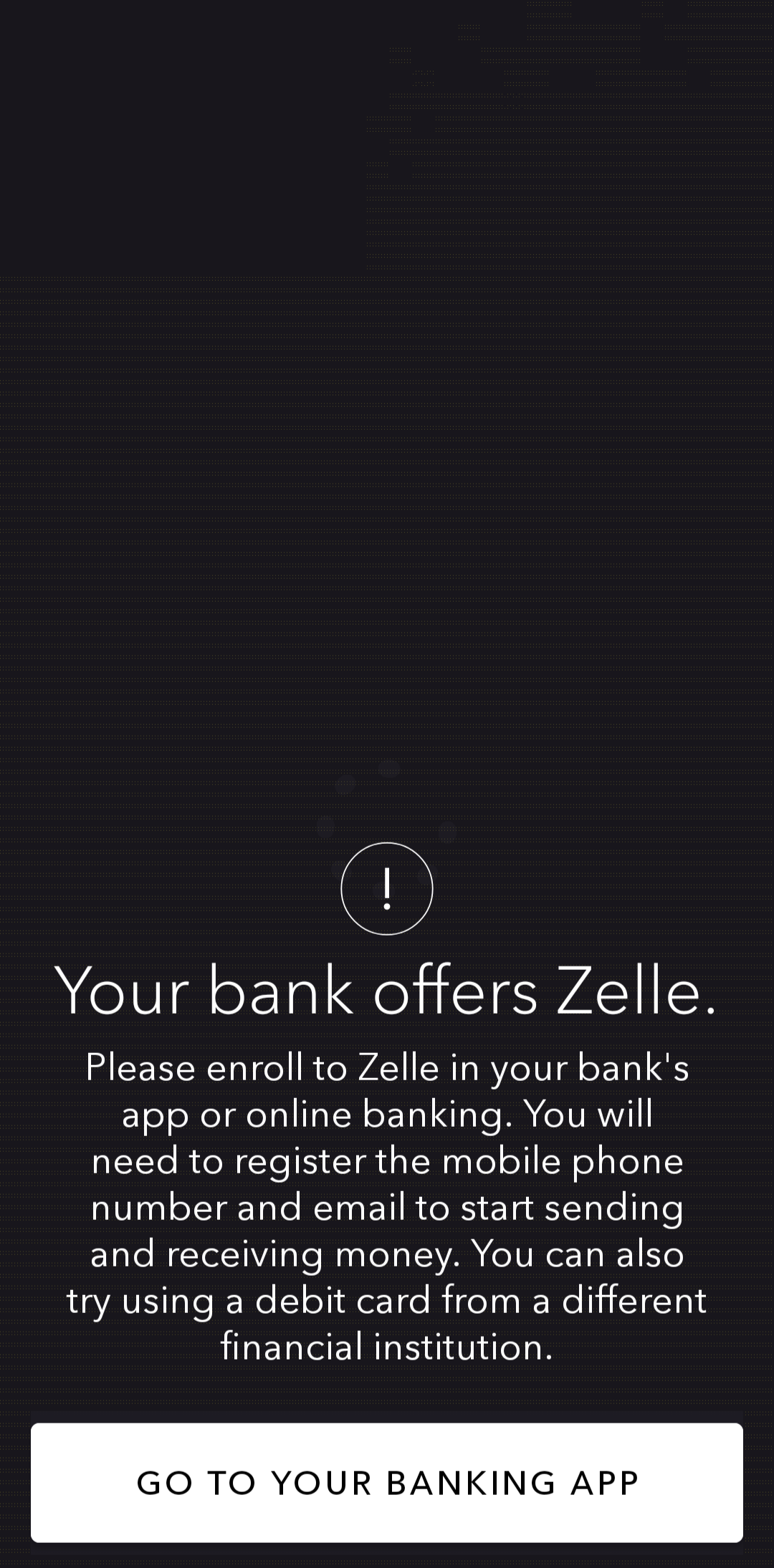 A página Seu banco oferece Zelle no aplicativo Zelle