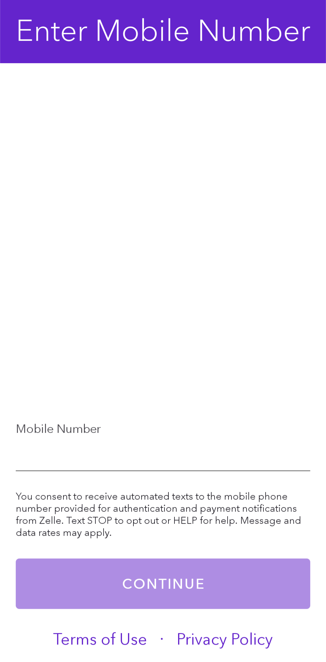 A página Insira o número do celular no aplicativo Zelle