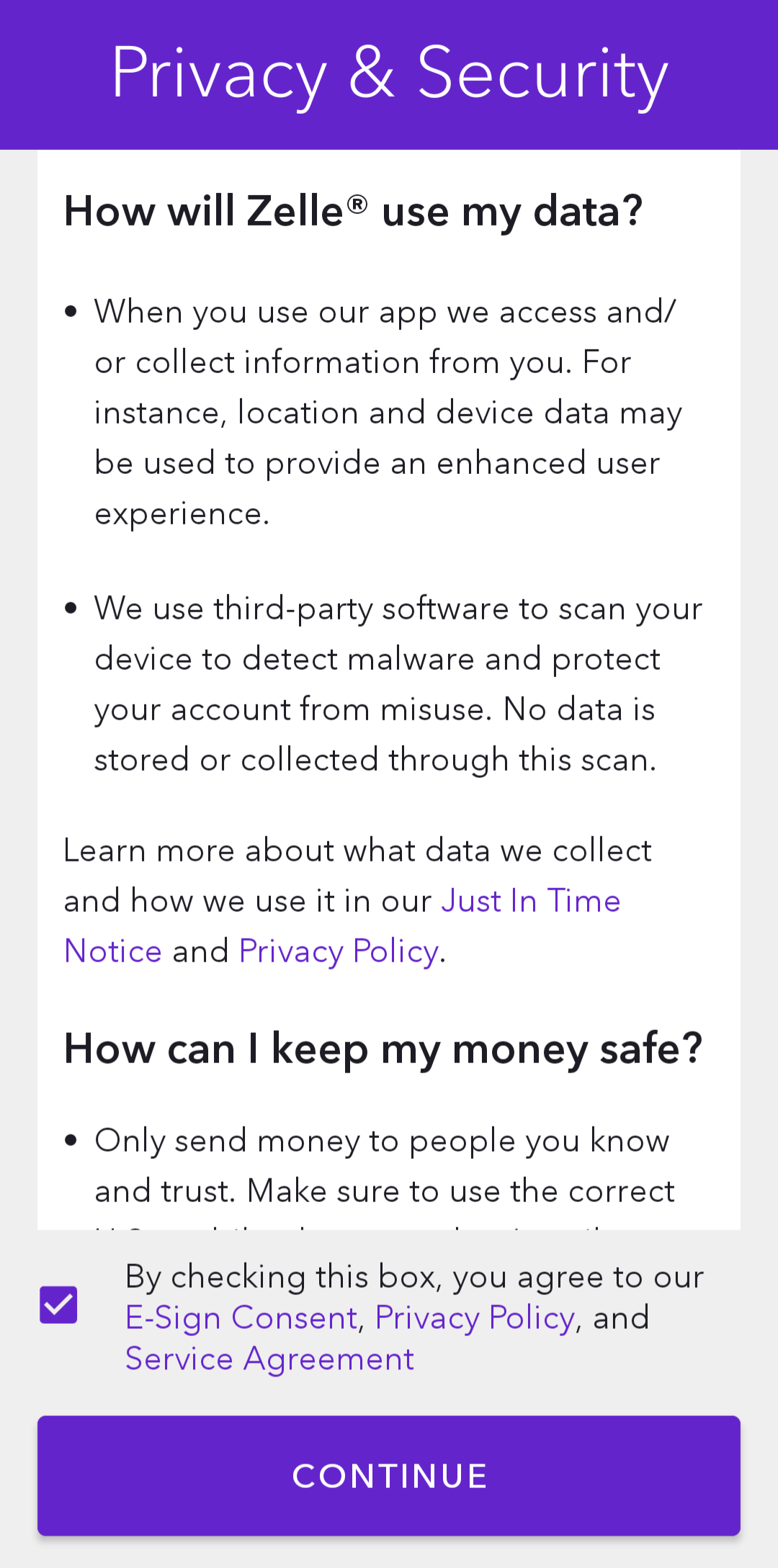 A página Privacidade e segurança no aplicativo Zelle
