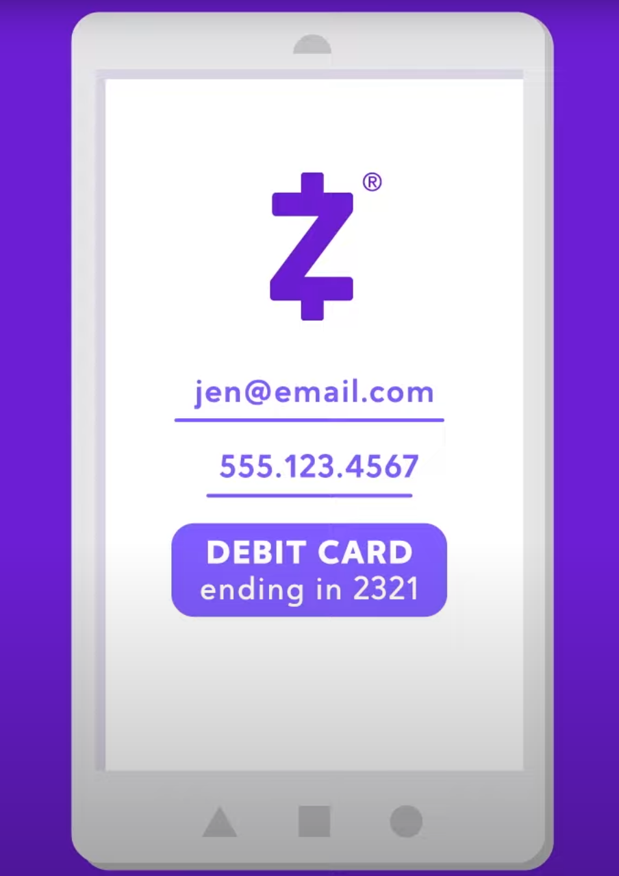O aplicativo Zelle mostrando o nome do usuário, número de telefone e informações do cartão de débito