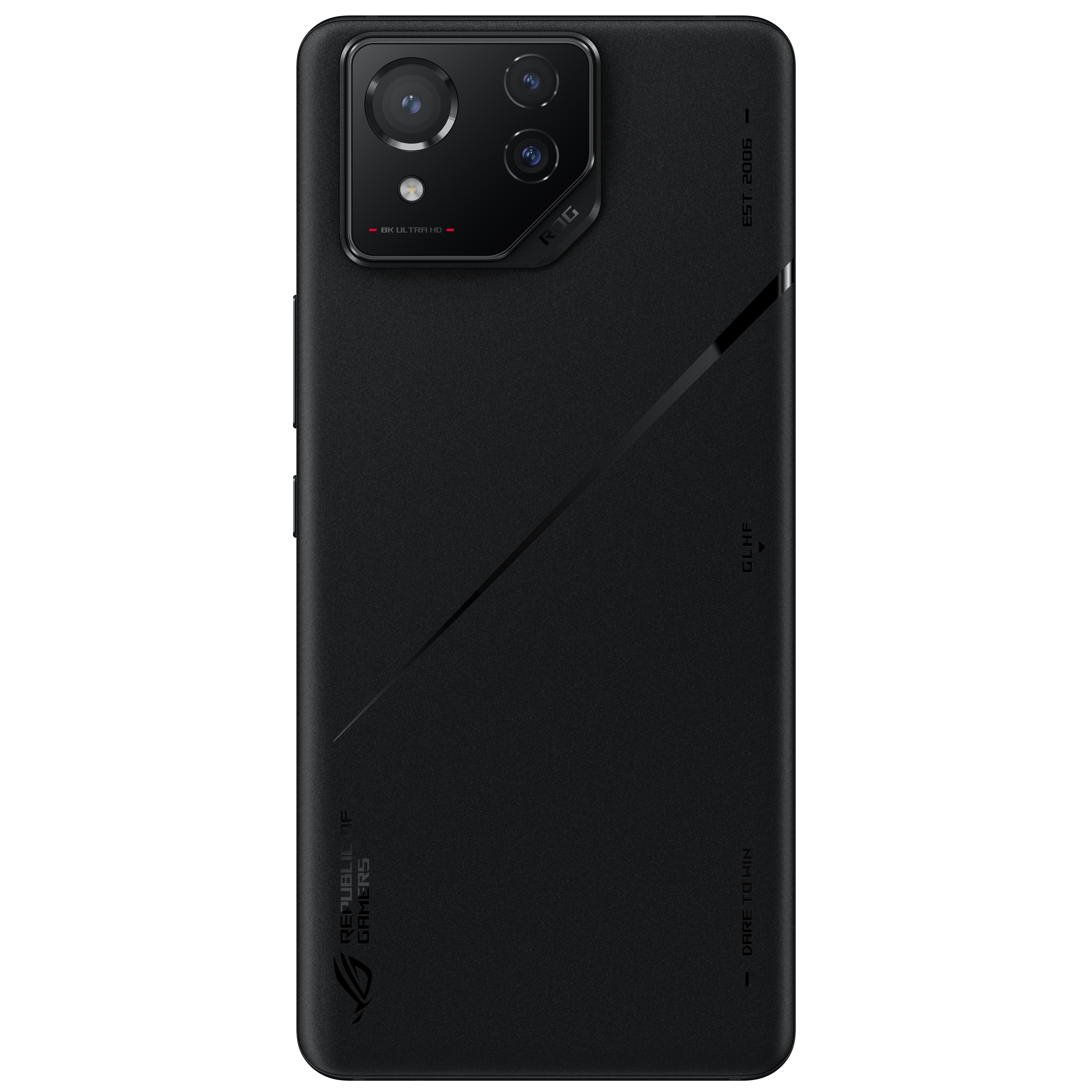 Placa traseira do ROG Phone 8 Pro mostrando colisão da câmera, com fundo branco