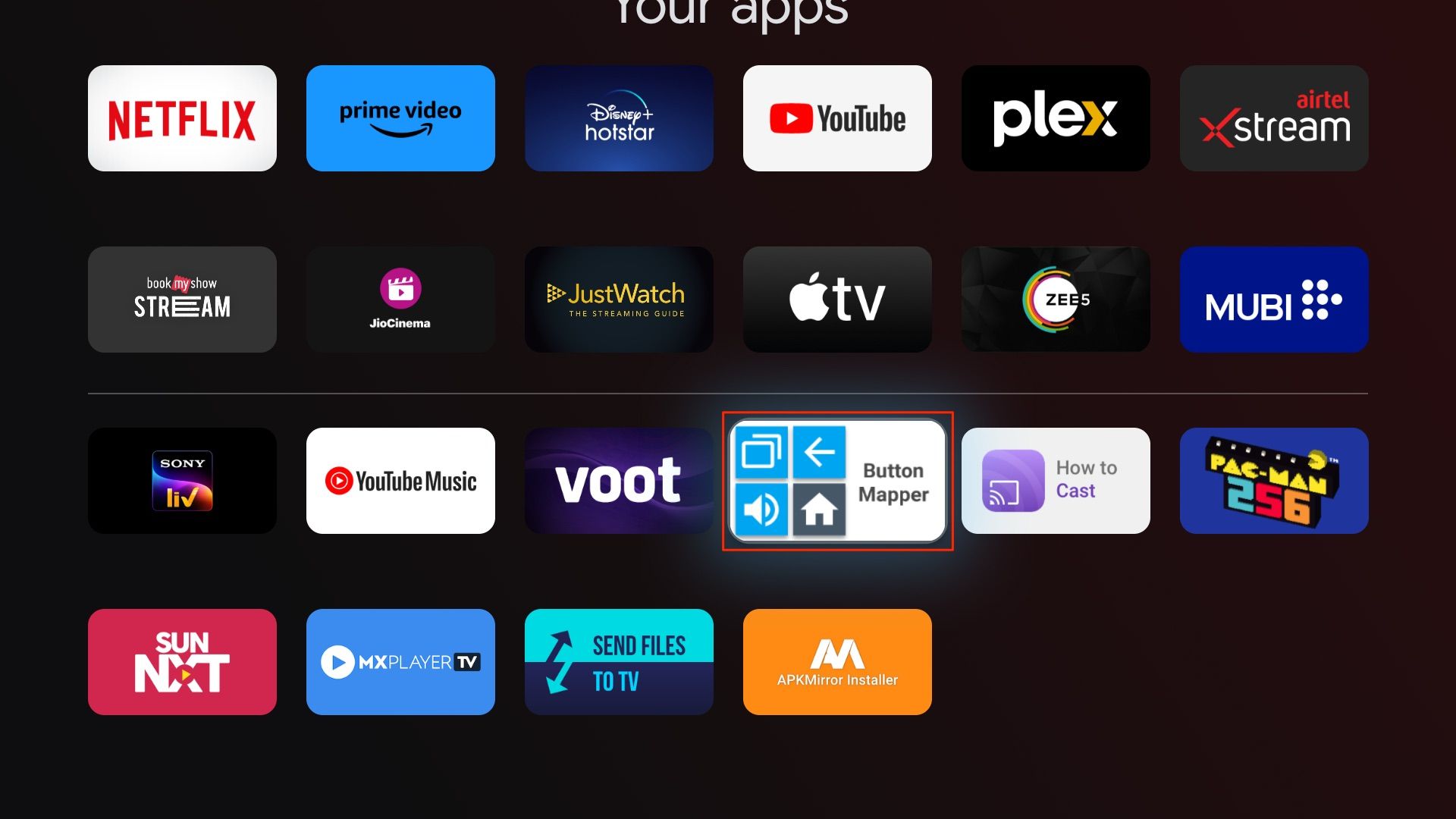 Página de todos os aplicativos do Google TV com Button Mapper em destaque