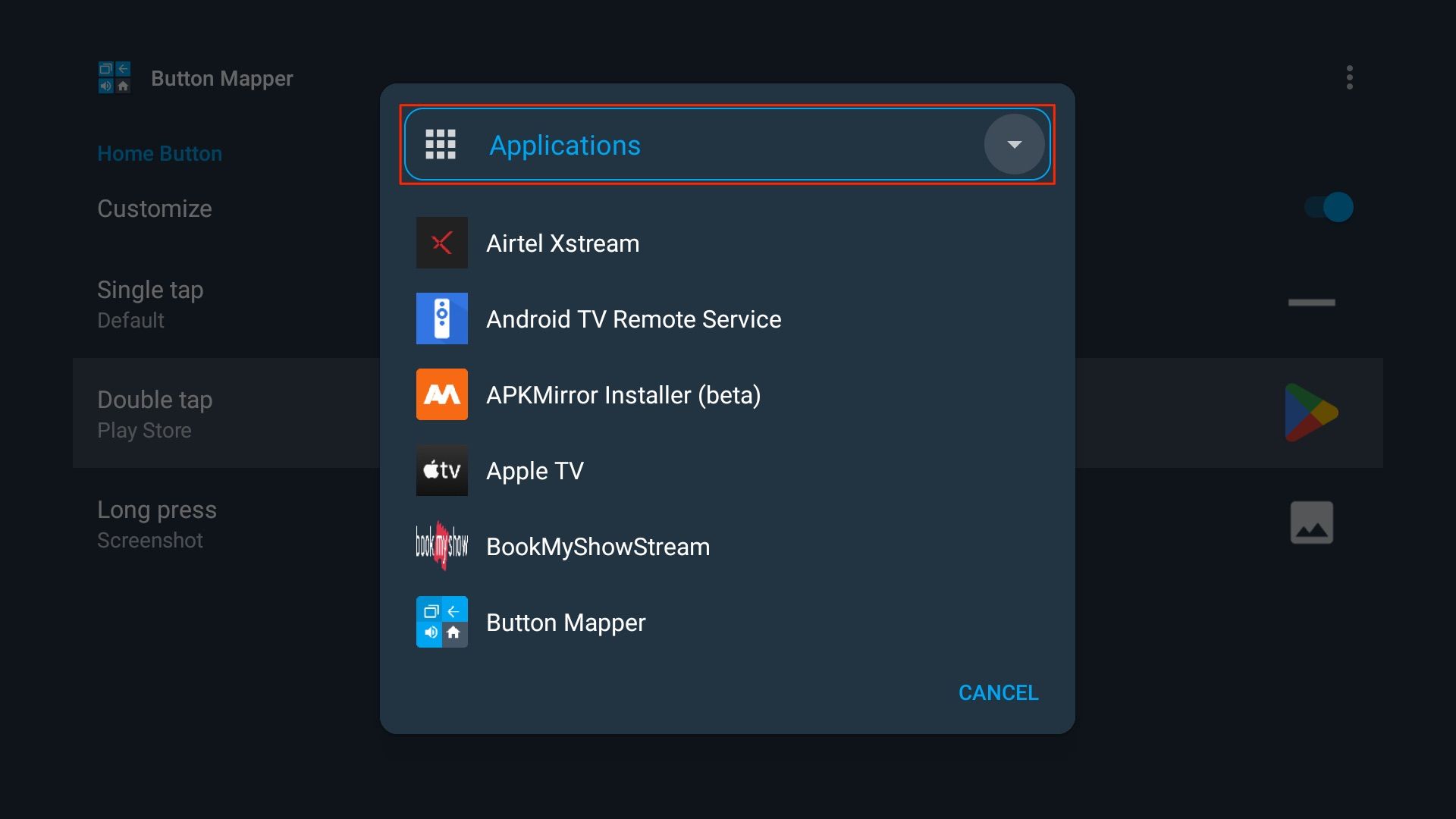 Button Mapper no Google TV abre a Play Store com o botão Home