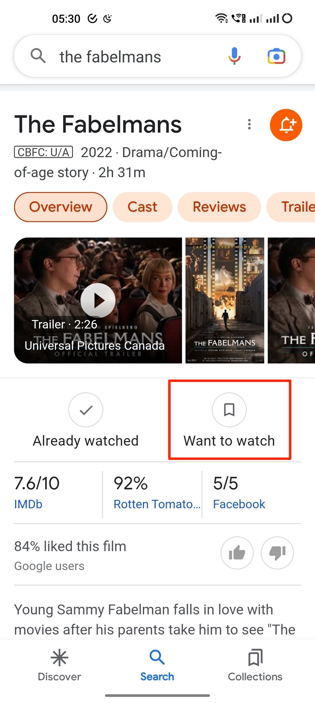 Adicione um filme à sua lista de observação do Google na Pesquisa Google