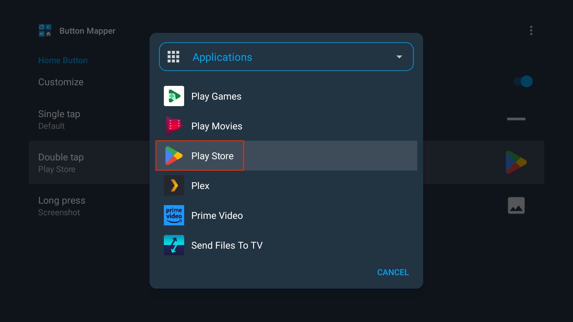 Button Mapper no Google TV abre a Play Store com o botão Home