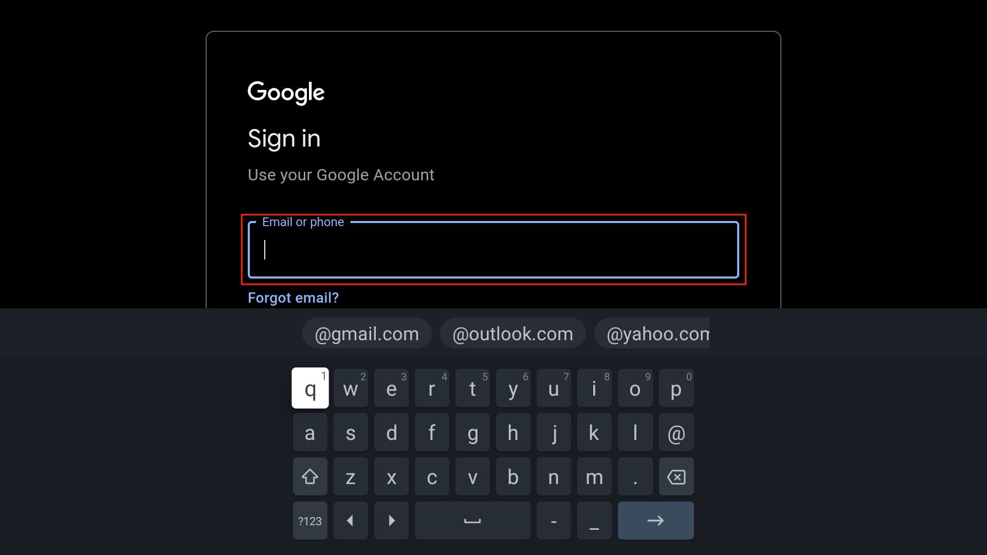 Adicionar perfil do Google TV insira os detalhes da conta do Gmail