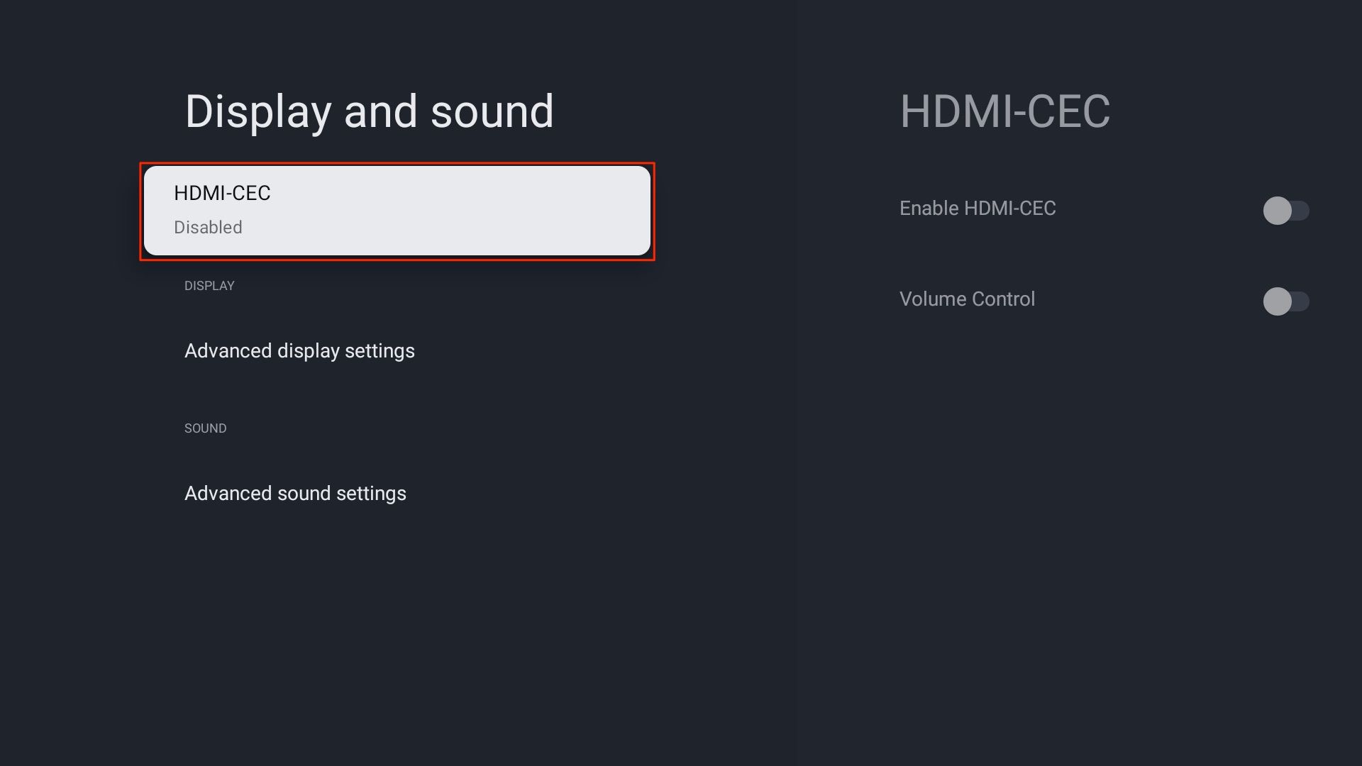 Configuração Google TV HDMI CEC nas configurações de exibição