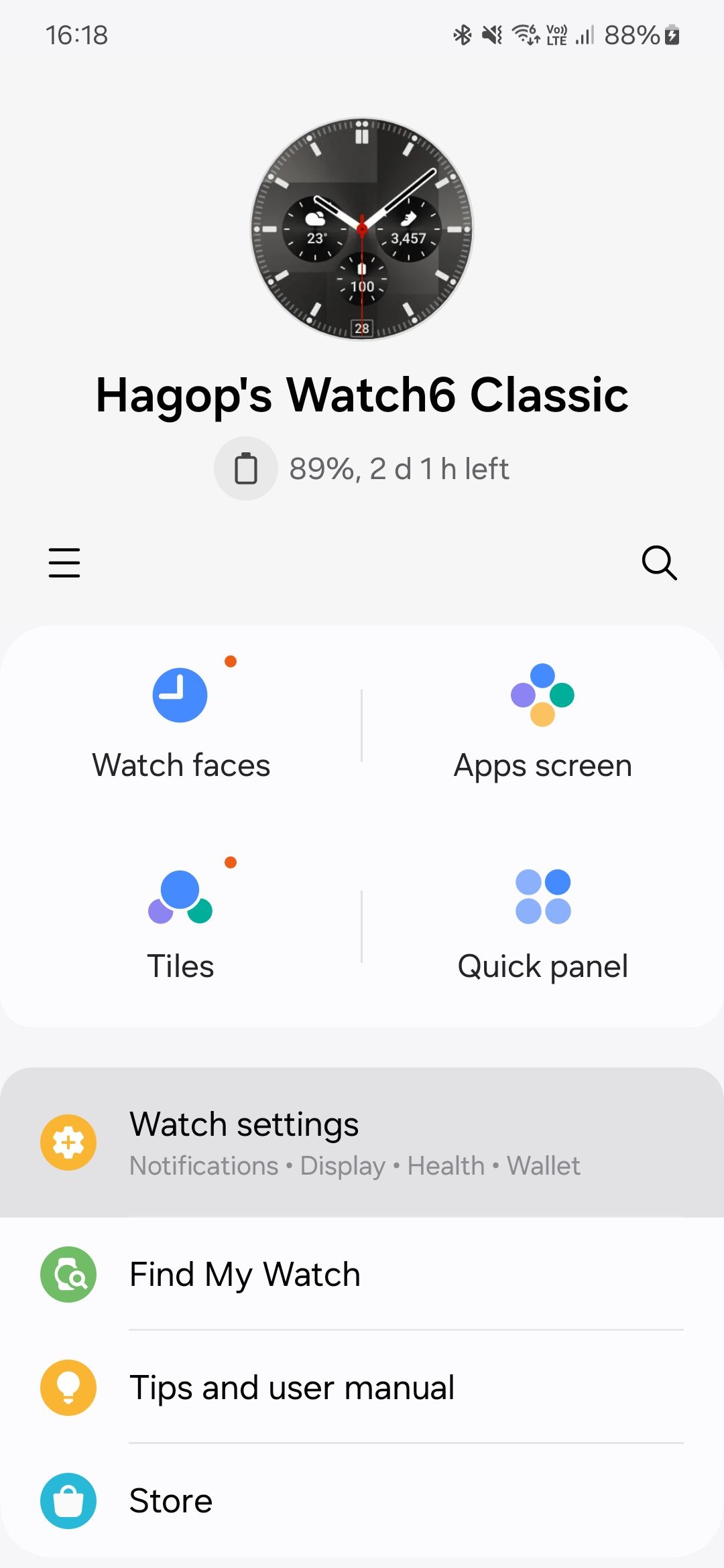 Captura de tela do aplicativo Galaxy Wear mostrando a tela de gerenciamento do Galaxy Watch6
