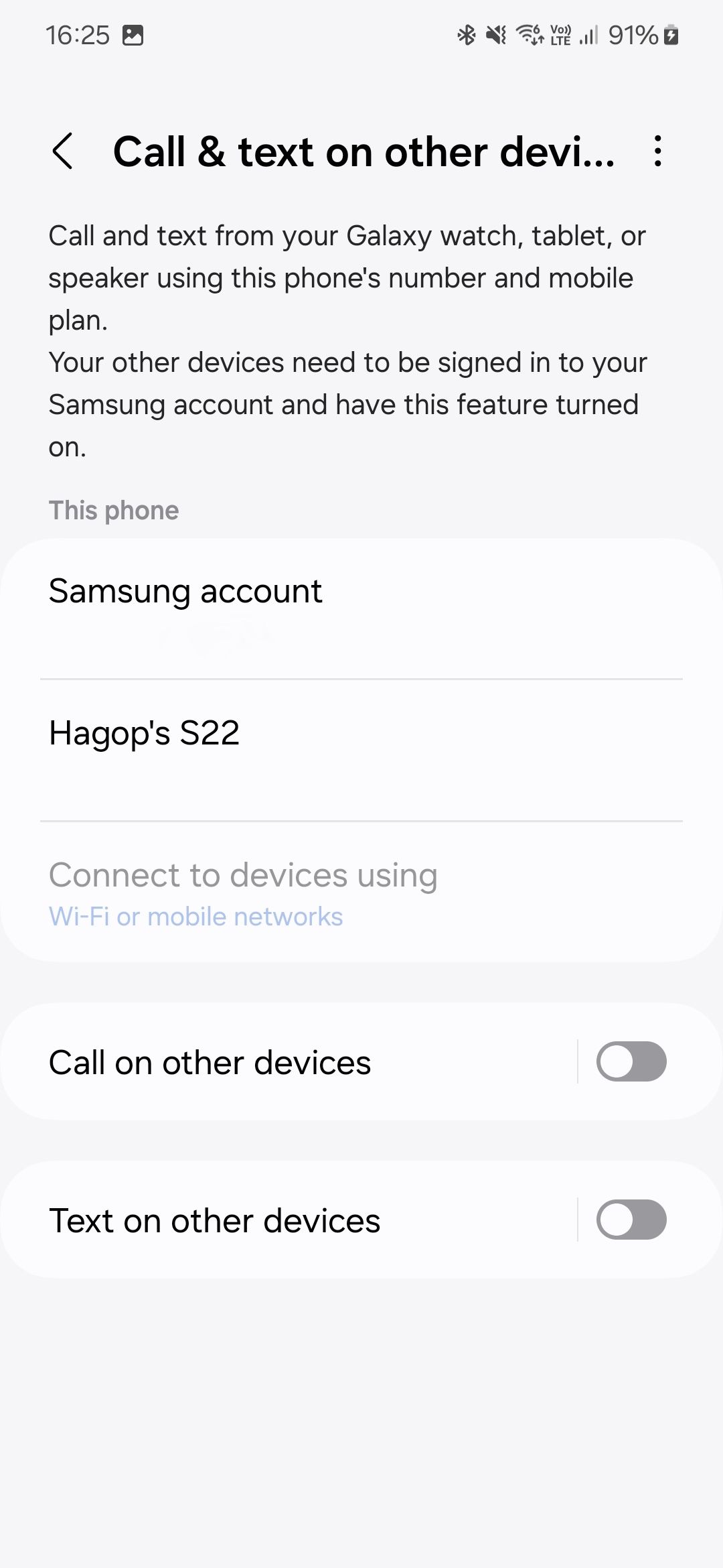 Captura de tela da tela Chamada e texto em outros dispositivos em dispositivos Samsung Galaxy