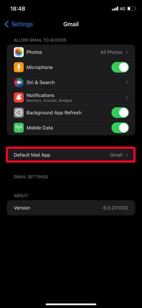 Menu de configurações do Gmail no iPhone