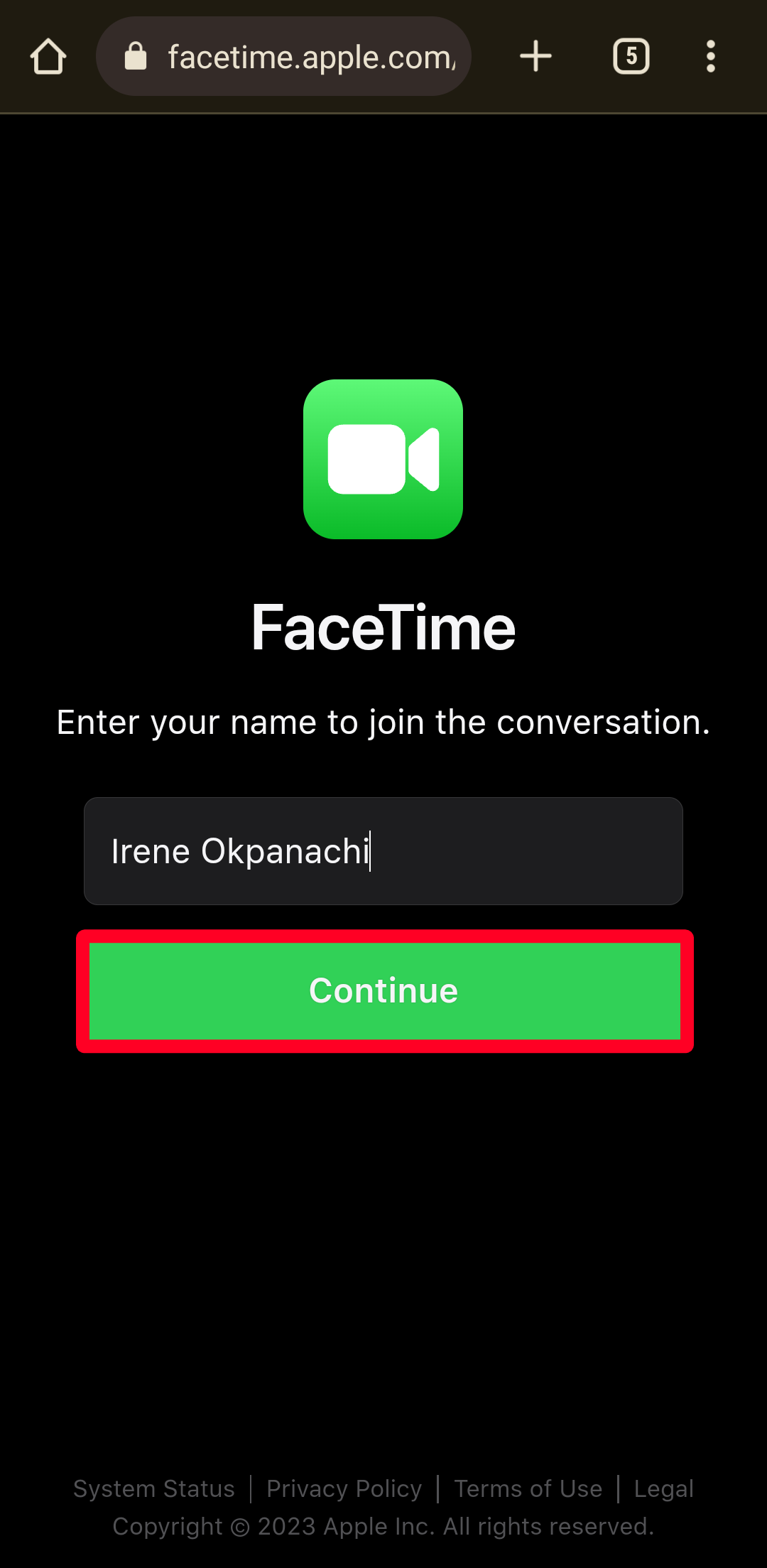 Digite seu nome na caixa de texto para usar o FaceTime no Android