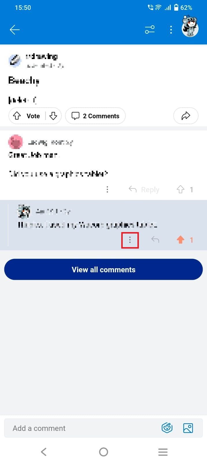 Captura de tela destacando o menu de três pontos em um comentário do Reddit