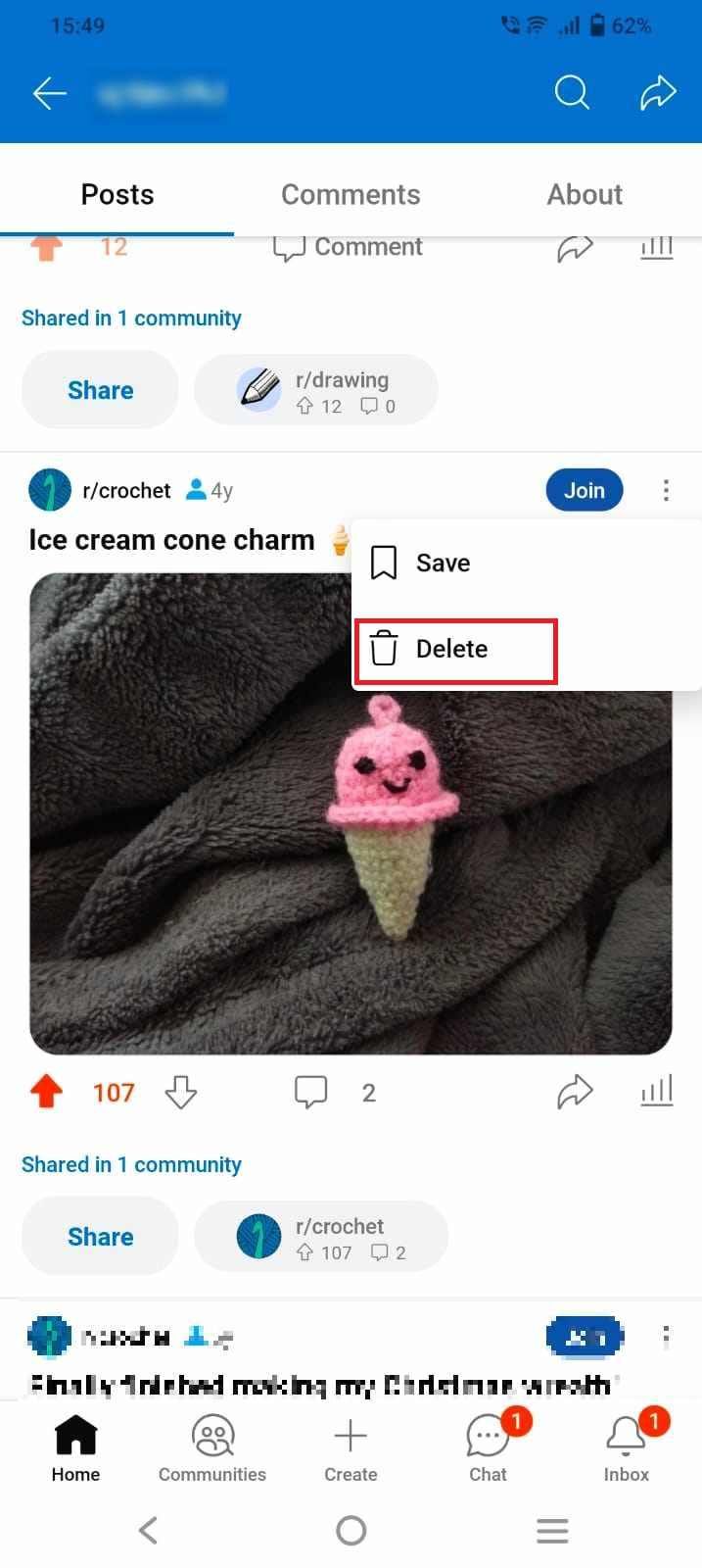 Captura de tela destacando a opção ‘Excluir’ em uma postagem do Reddit