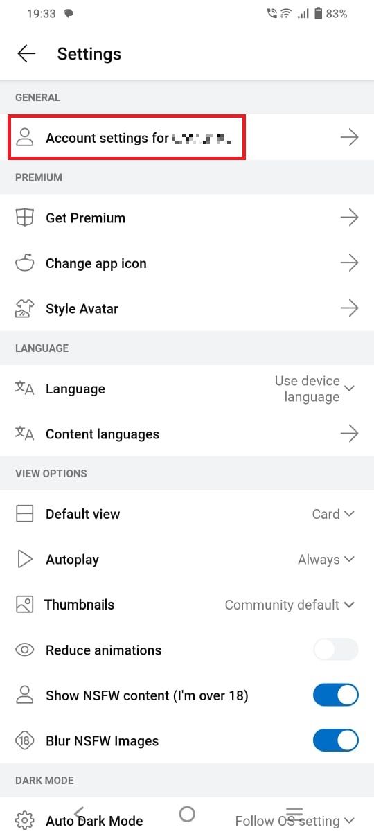 Captura de tela destacando as configurações da conta no aplicativo Reddit para Android