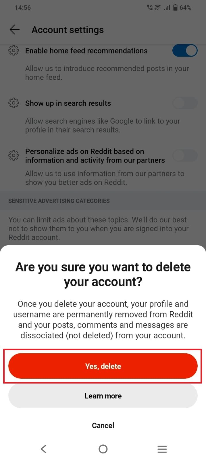 Captura de tela destacando 'Sim, excluir' no aplicativo Reddit para Android
