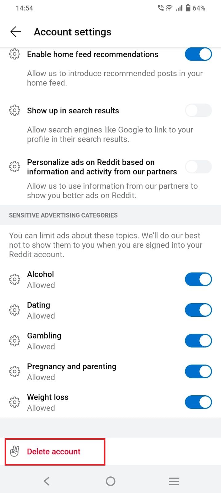 Captura de tela destacando 'Excluir conta' no aplicativo Reddit para Android