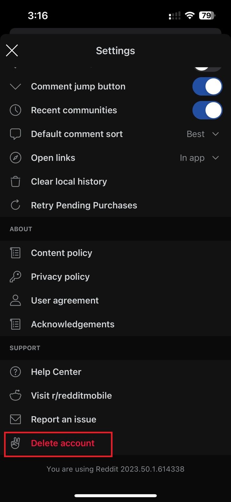 Captura de tela destacando ‘Excluir conta’ no aplicativo Reddit iOS