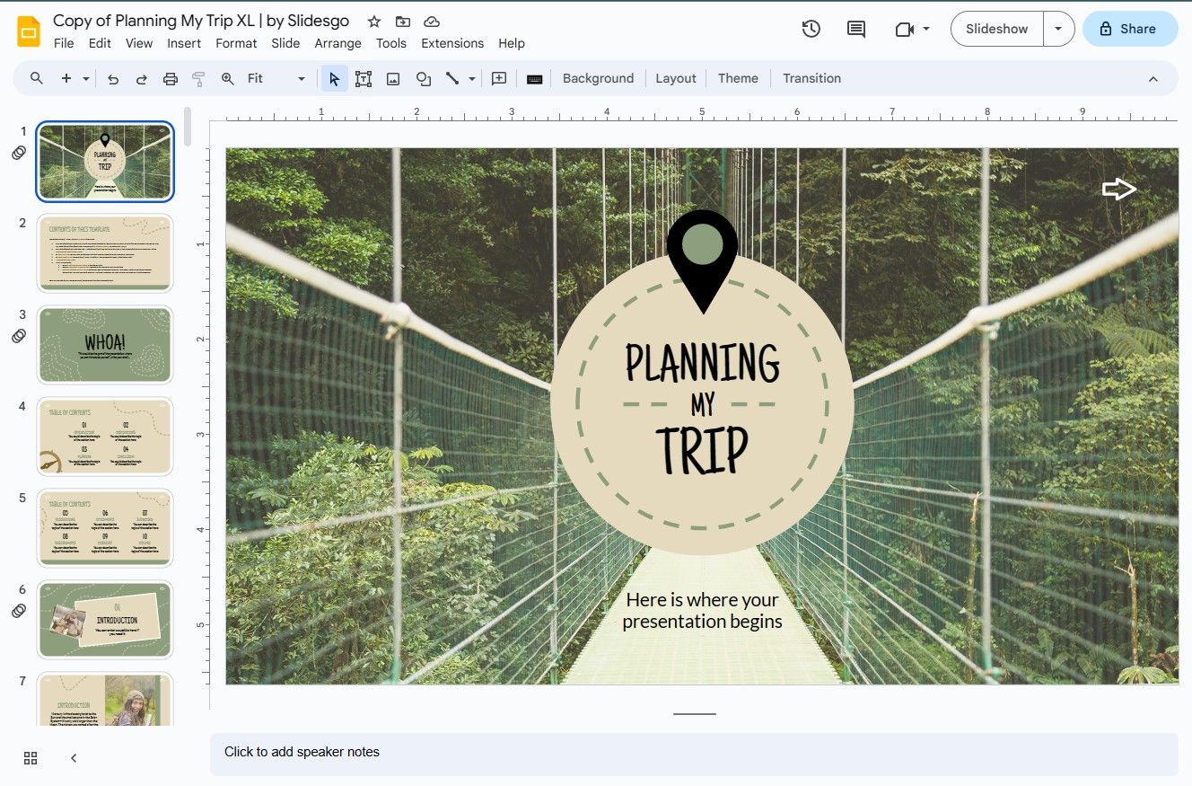 O modelo de planejador de viagem Planning MY Trip XL para Google Slides da Slidesgo.