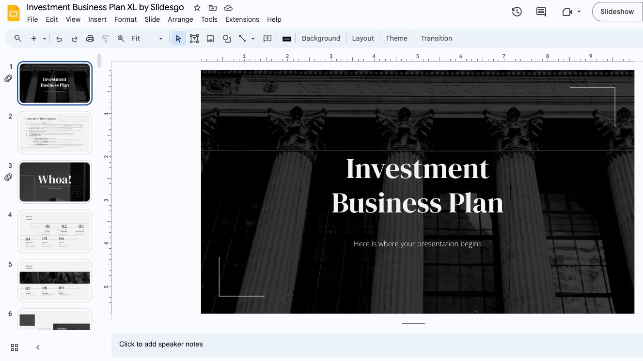 O modelo XL de Plano de Negócios de Investimento da SlidesGo.