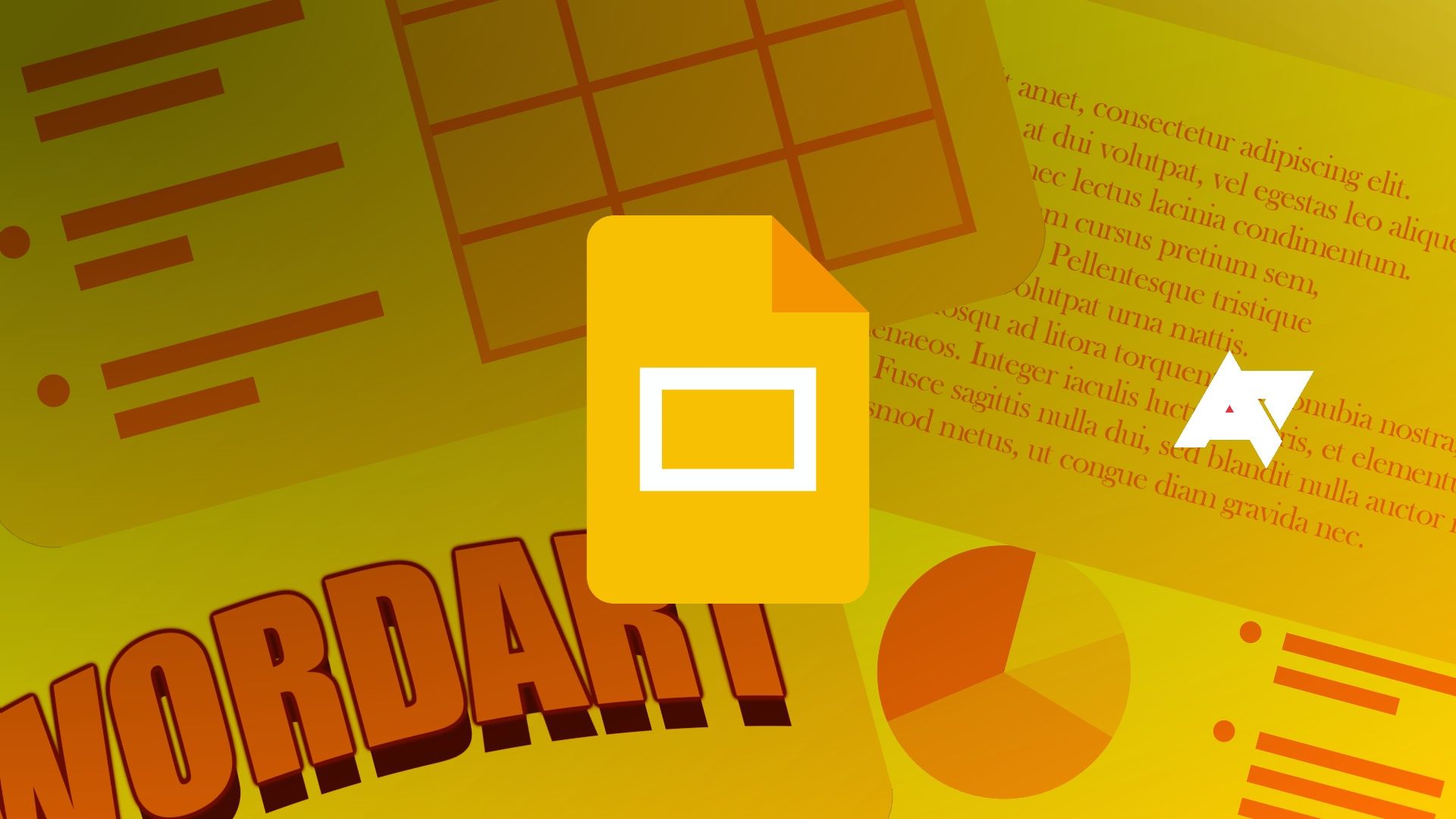 O logotipo do Apresentações Google em uma apresentação feita principalmente em amarelo e laranja
