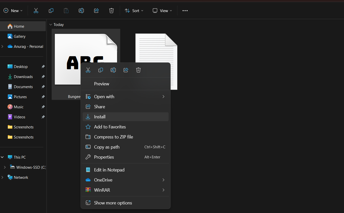 Captura de tela mostrando o arquivo de fonte extraído com opção de instalação no PC