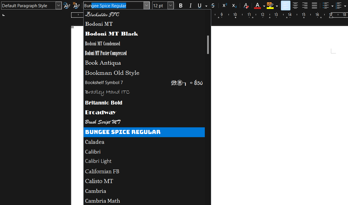 Captura de tela mostrando a nova fonte no menu de fontes do LibreOffice