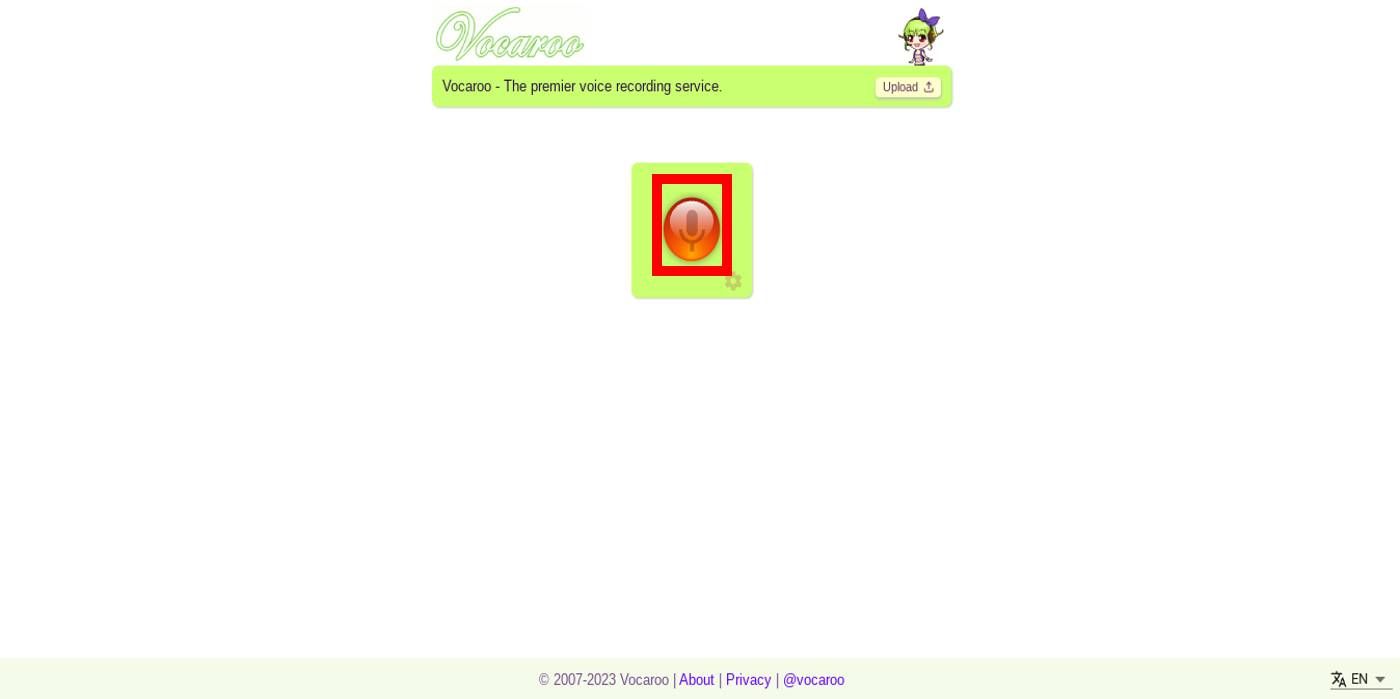 Uma captura de tela da interface do site Vocaroo com um destaque ao redor do botão de gravação